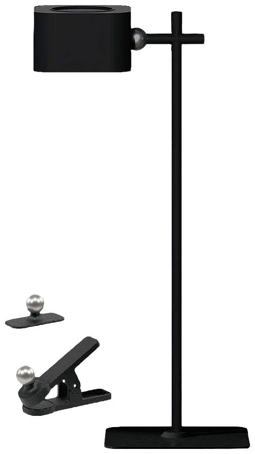 Schwarze, moderne Tischlampe mit verstellbarem Kopf, auf einem schlanken, geraden Ständer. Enthält zusätzlich eine schwarze Klemme.
