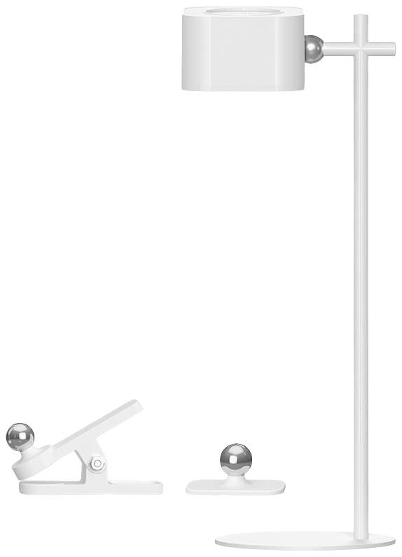 Weiße, moderne Lampe mit zylindrischem Lampenschirm, Montageset mit Klemme und magnetischer Kugel. Minimalistisches Design.