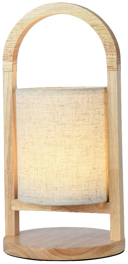 Holzlaterne mit hellem Stoffschirm, auf einem runden Holzsockel. Warmes, einladendes Licht, ideal für gemütliche Innendekoration.