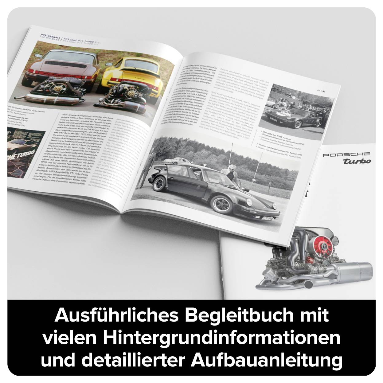 Offenes Buch mit detaillierten Informationen über Porsche-Modelle und Motoren. Daneben ein Fotobuch. Text unten: 'Ausführliches Begleitbuch'.