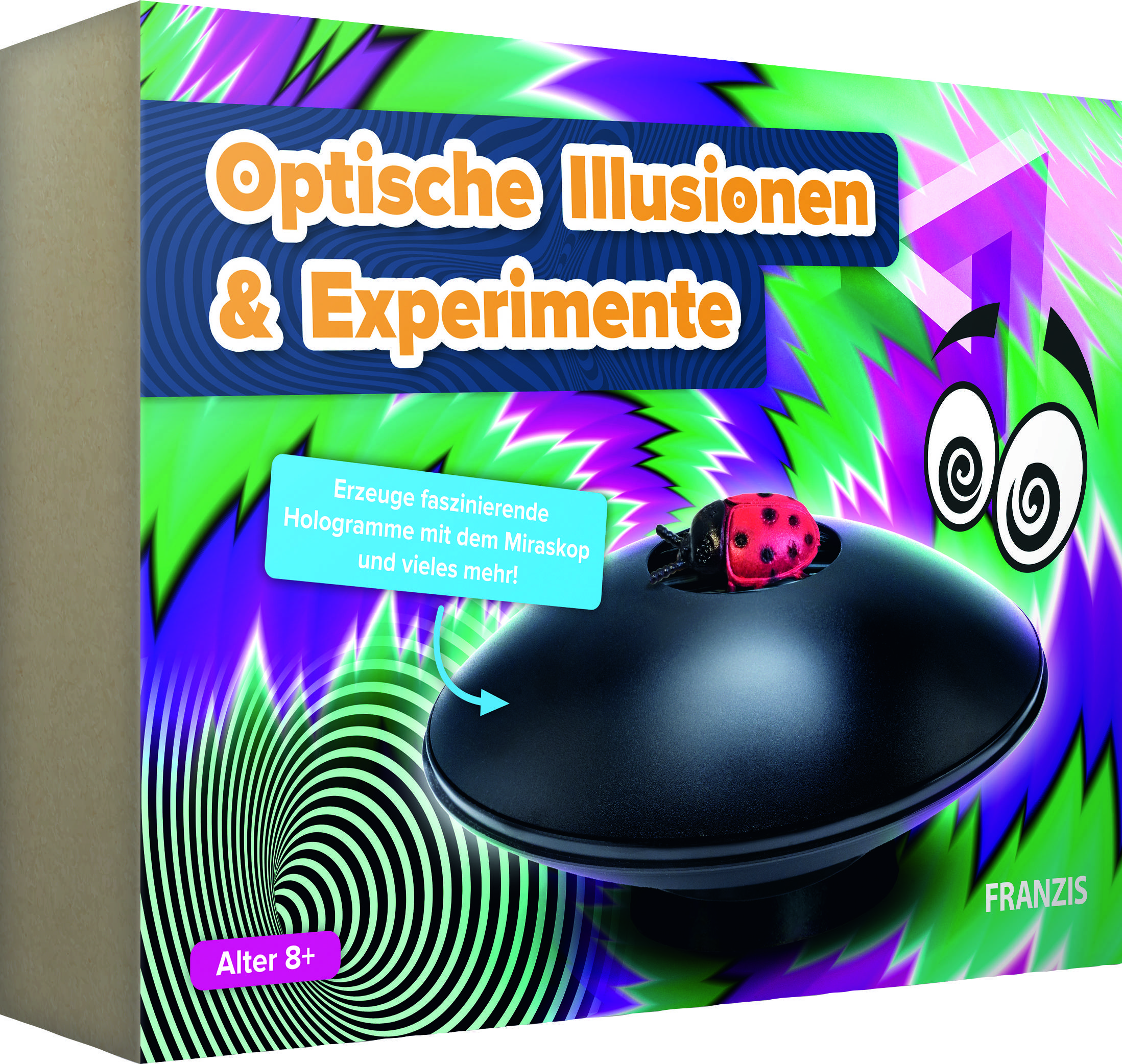 Verpackung eines Experimentierkastens 'Optische Illusionen & Experimente' mit einem Marienkäfer-Hologramm. Geeignet ab 8 Jahren.