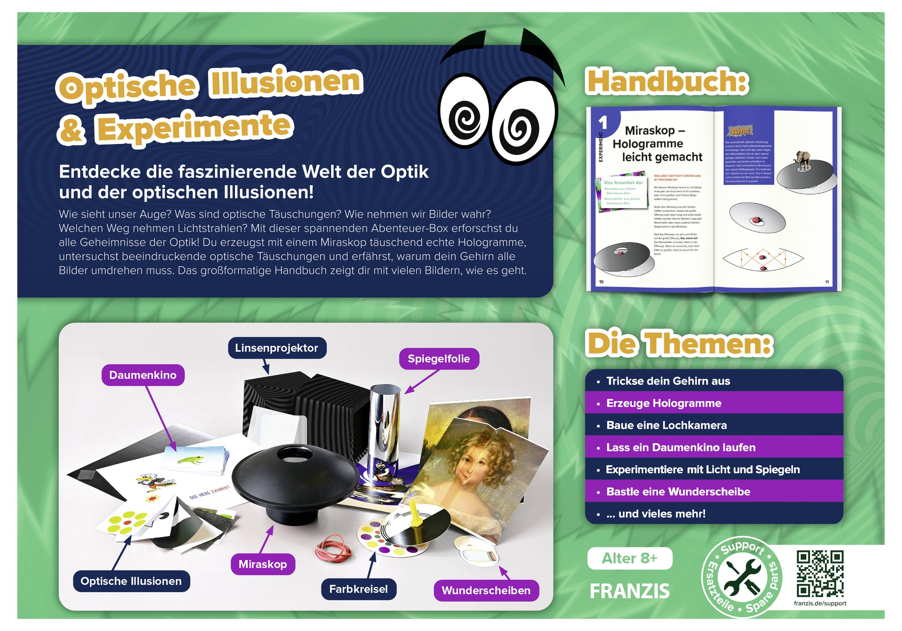 Handbuchcover mit Titel 'Optische Illusionen & Experimente'. Zeigt optische Werkzeuge, Linsen, ein Buch, und ein Bild einer optischen Täuschung. Enthält Themen wie Spiegel, Labyrinthe und Augentäuschungen.