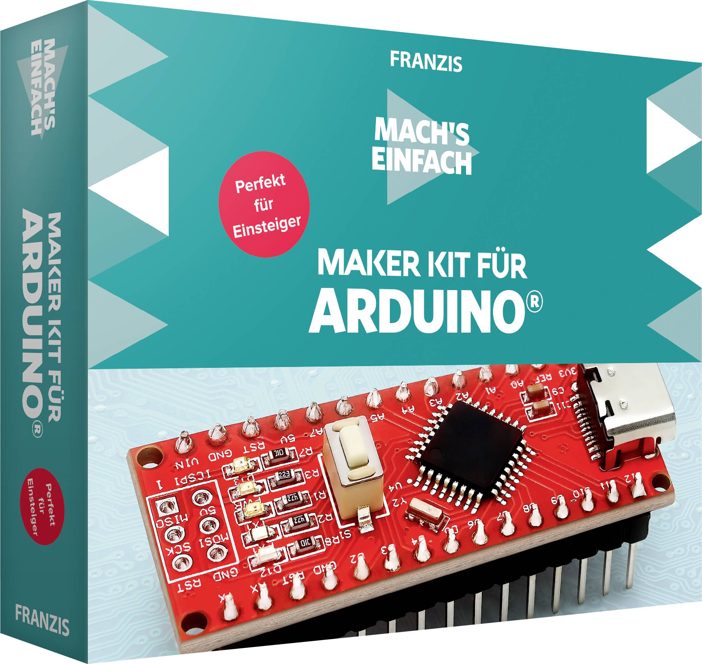Bausatz für Arduino mit roten Schaltplatinen und Bauteilen auf der Verpackung. Text: 'Perfekt für Einsteiger'.
