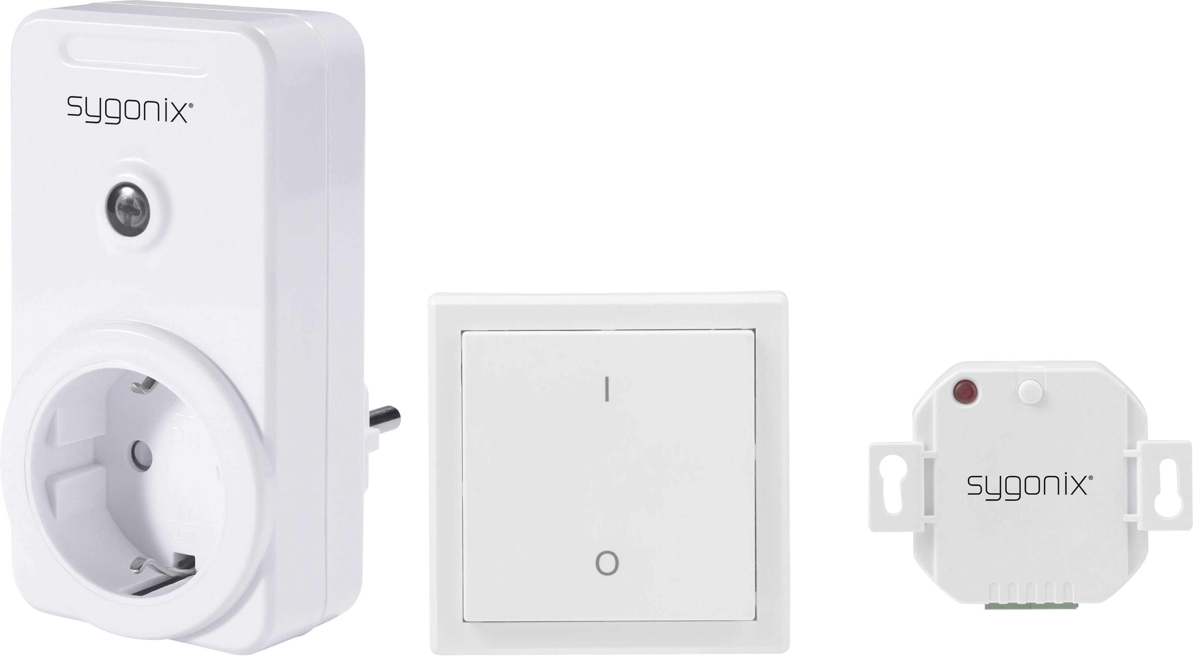 Drei Smart-Home-Geräte von Sygonix: eine Steckdose, ein Wandschalter und ein kleines Modul. Alle sind weiß und schlicht gestaltet.