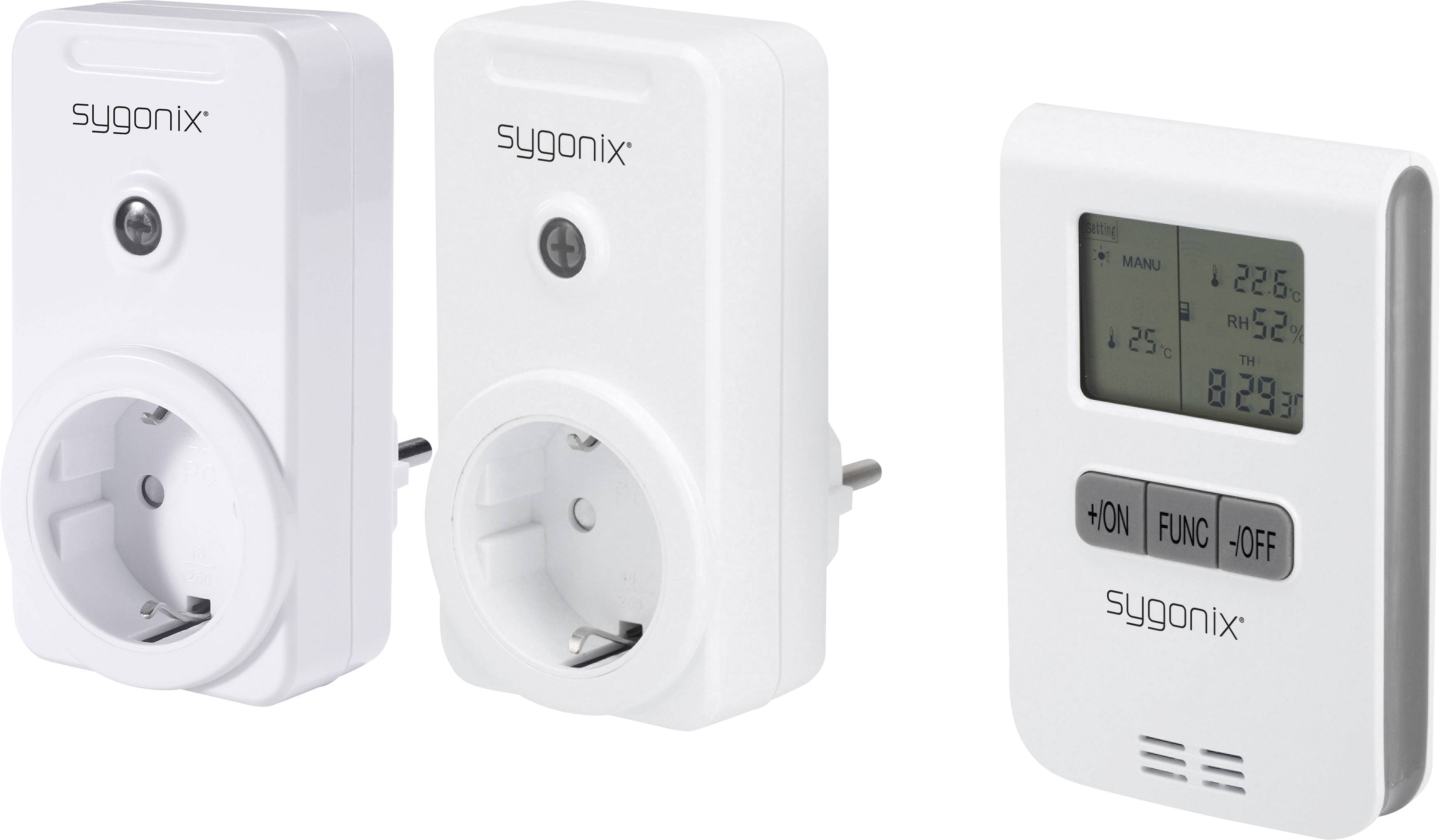 Zwei weiße Steckdosenadapter mit seitlichem Schalter und Fernbedienung mit Display, Tasten für 'ON', 'FUNC', 'OFF' von sygonix.