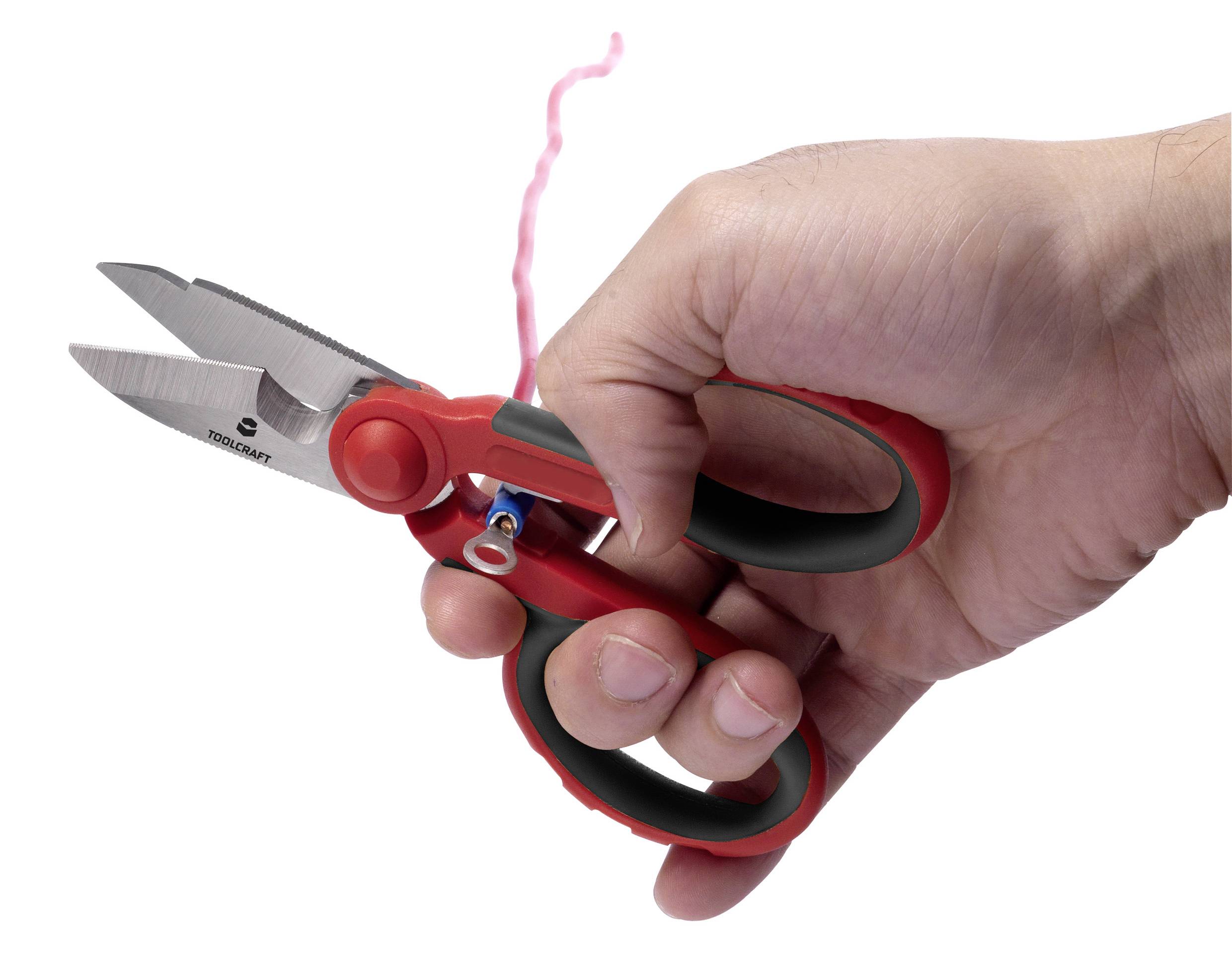 Eine Hand hält eine rote Schere, die ein rosa Kunststoffband durchschneidet.