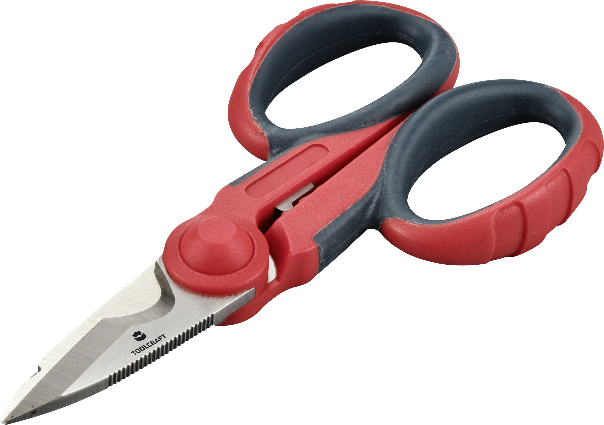 Rote und schwarze Mehrzweckschere mit robusten Klingen. Ideal zum Schneiden von verschiedenen Materialien in Haushalt oder Werkstatt.