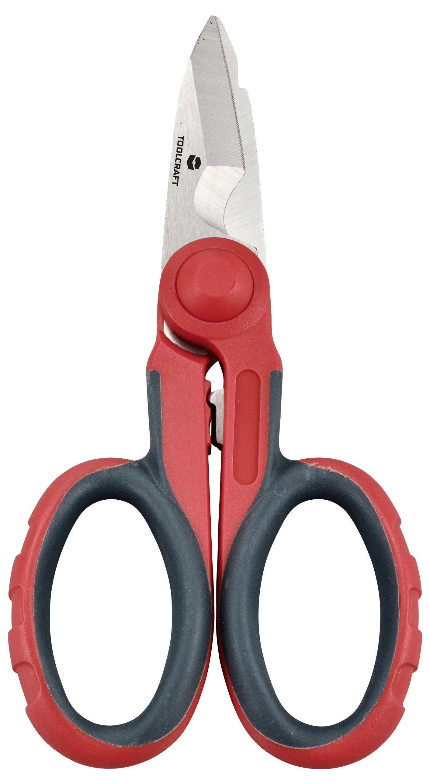 Rote und schwarze Haushaltsschere in geschlossener Position. Eignet sich zum Schneiden verschiedener Materialien im Haushalt.