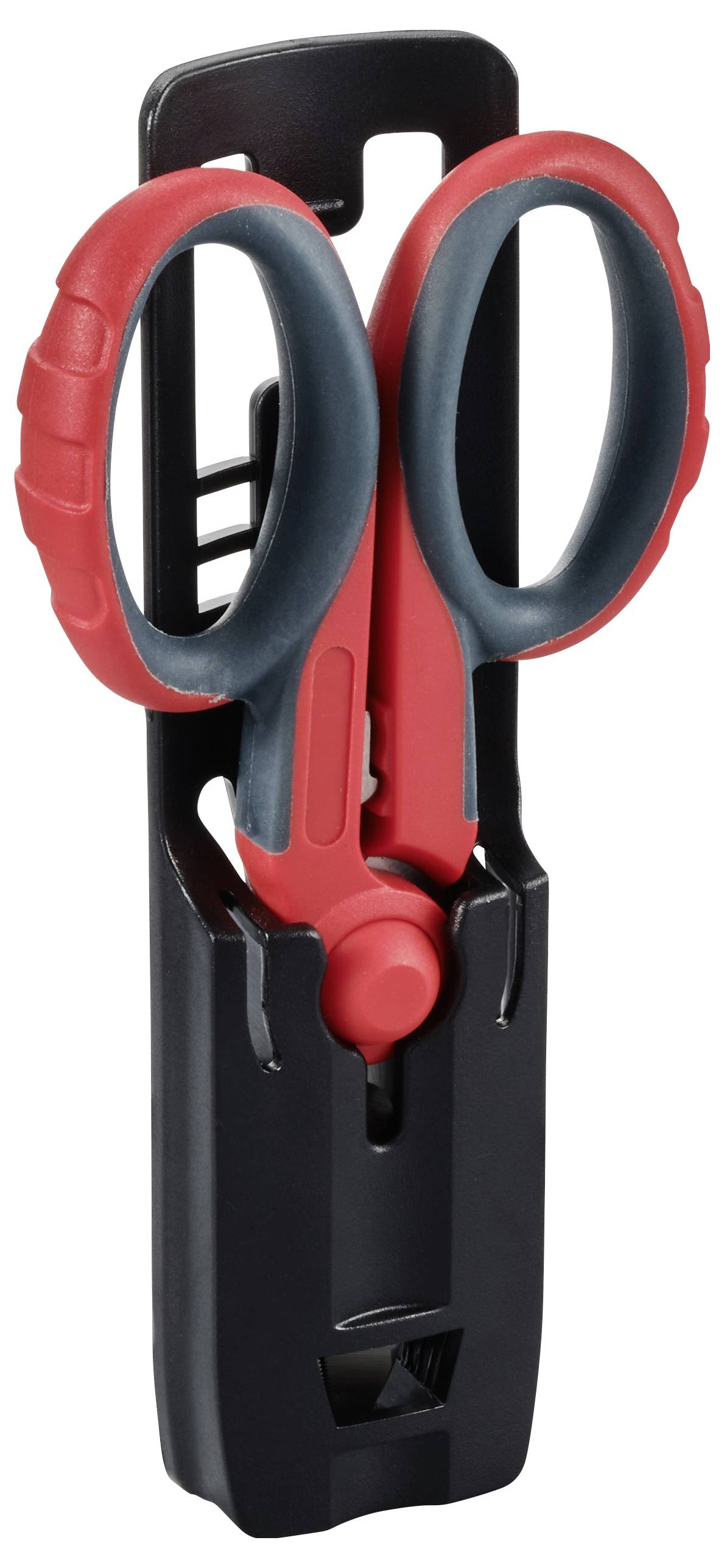 Schere mit schwarzem Halter, zeigt eine rot-schwarze Schere in einer vertikalen Halterung, typisch für Küchen- oder Bürobedarf.