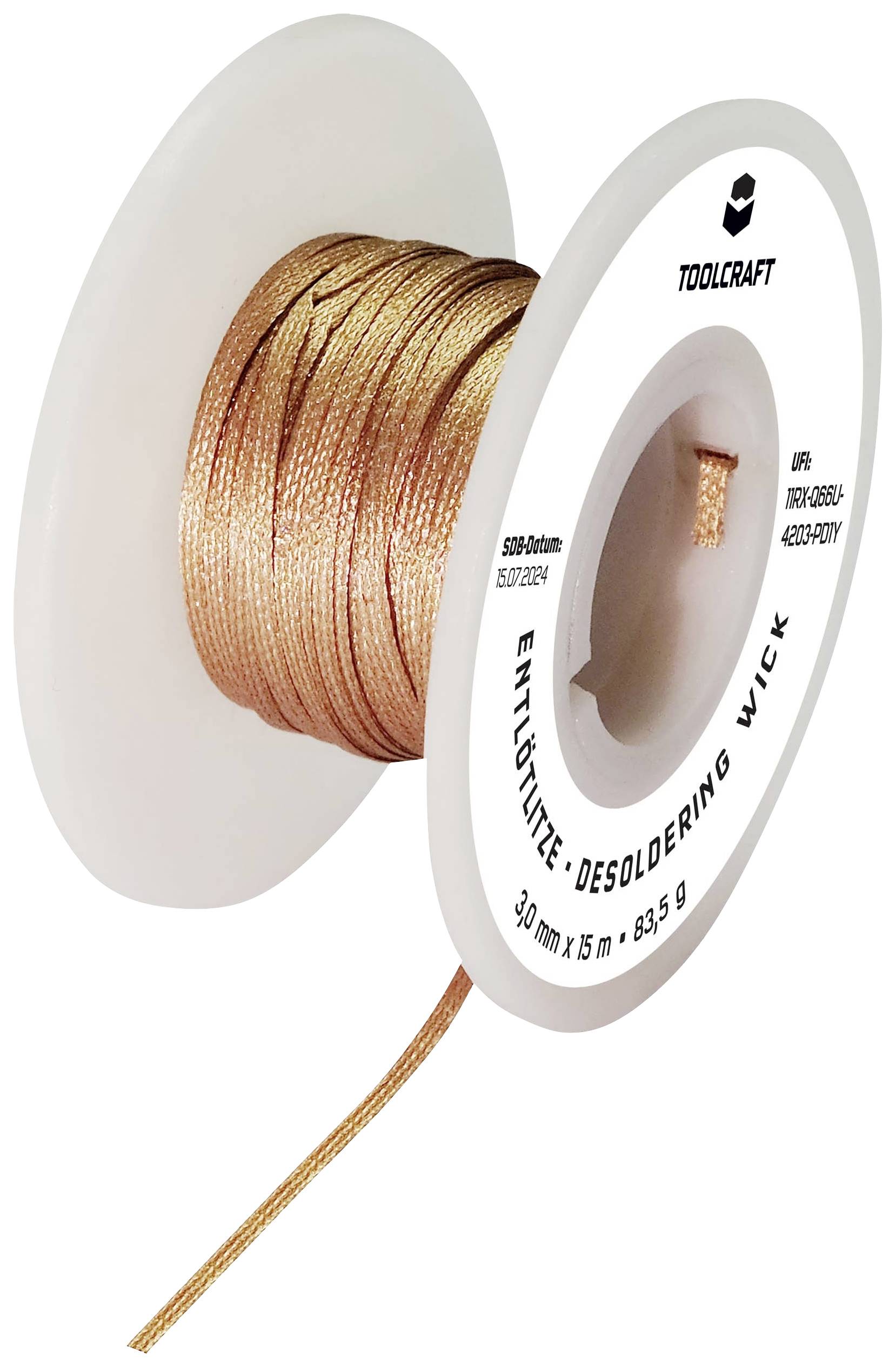 TOOLCRAFT TO-9658959 Entlötlitze Länge 15m Breite 3.0mm Flussmittel getränkt