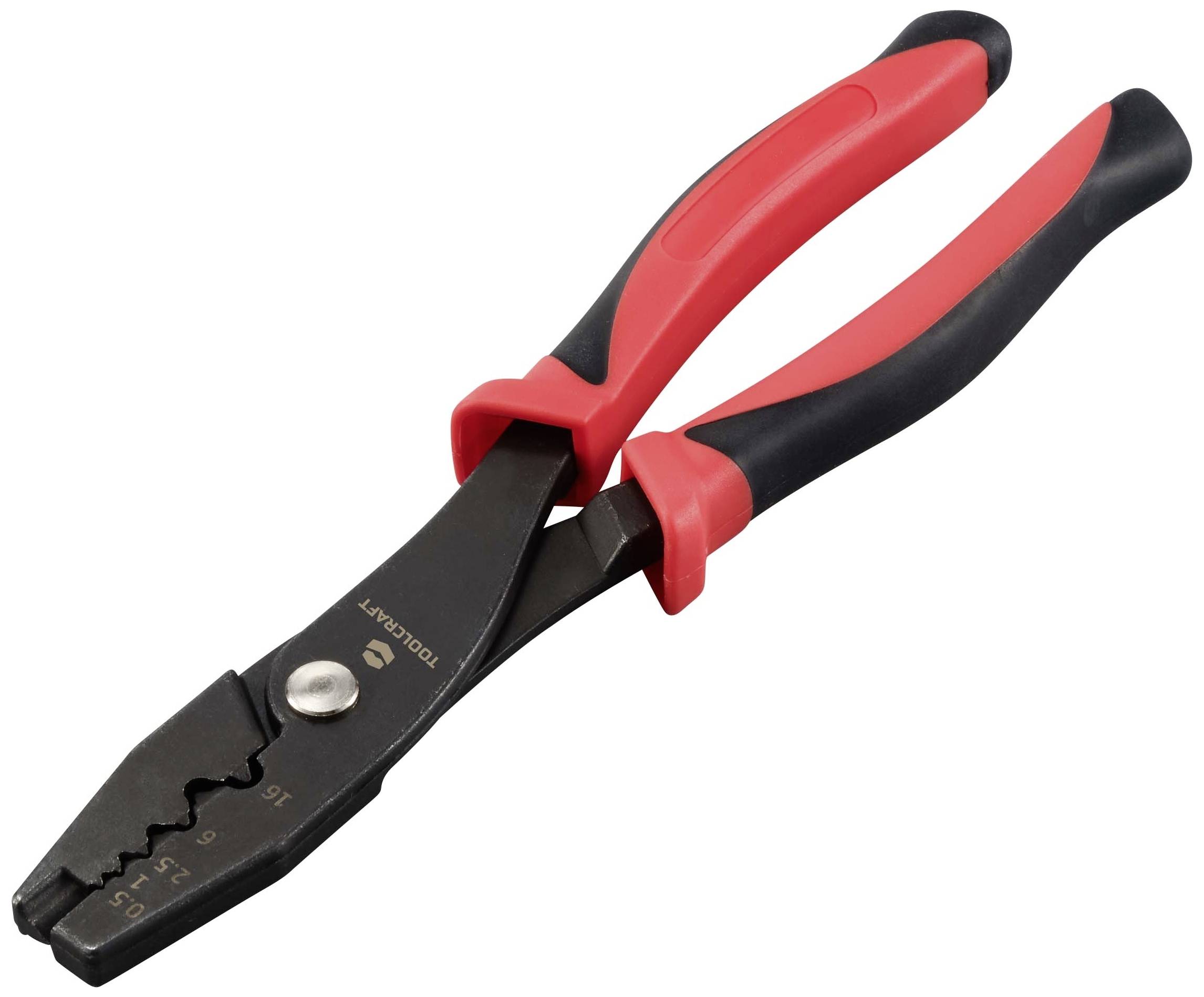 Rote und schwarze Abisolierzange aus Metall und Plastik, auf weißem Hintergrund. Das Werkzeug wird zum Abisolieren von Drähten verwendet.