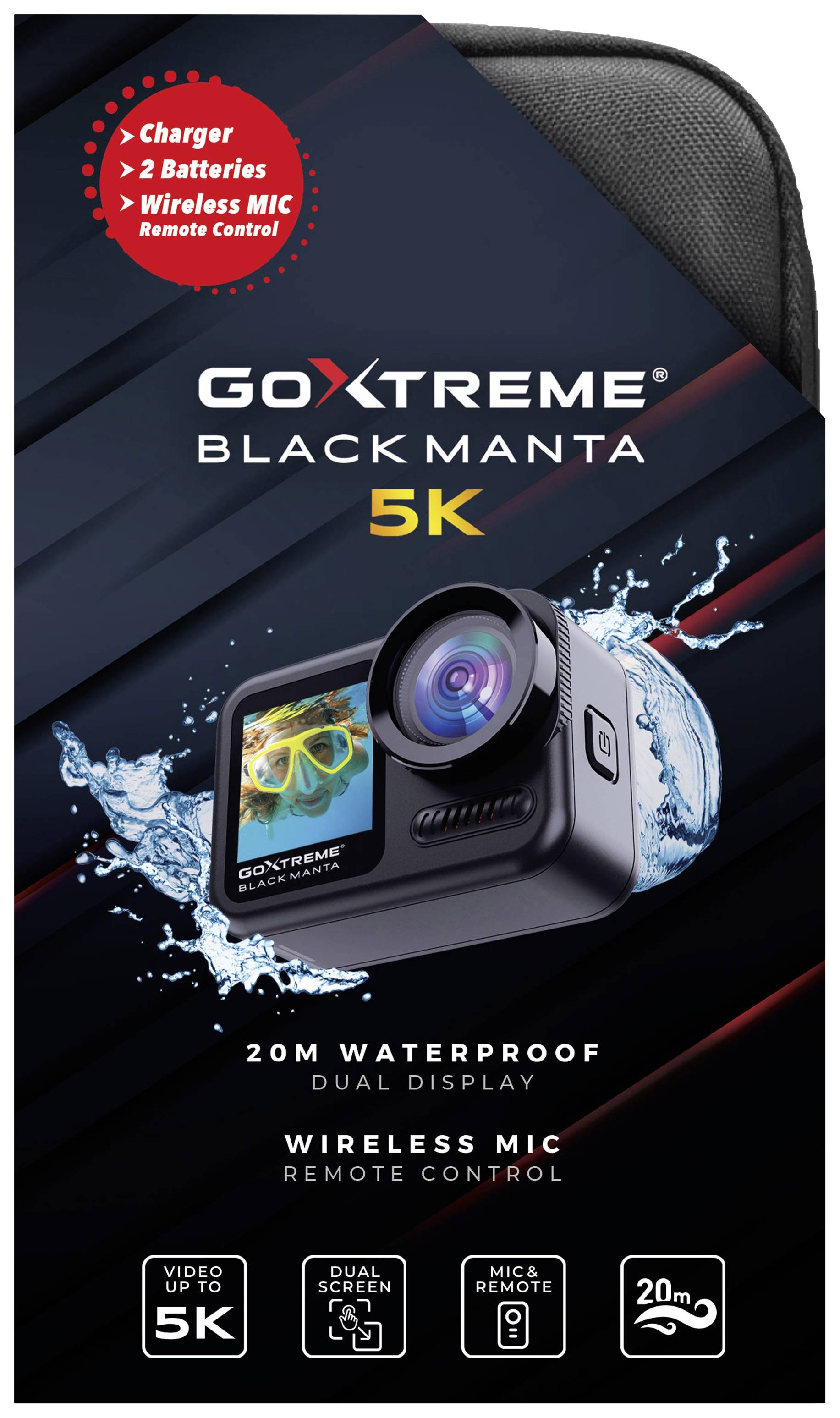 GoXtreme Black Manta 5K Action Cam Touch-Screen, WLAN, Zeitlupe/Zeitraffer, Dual-Display, Wasserfest, 5K, Bildstabilisierung