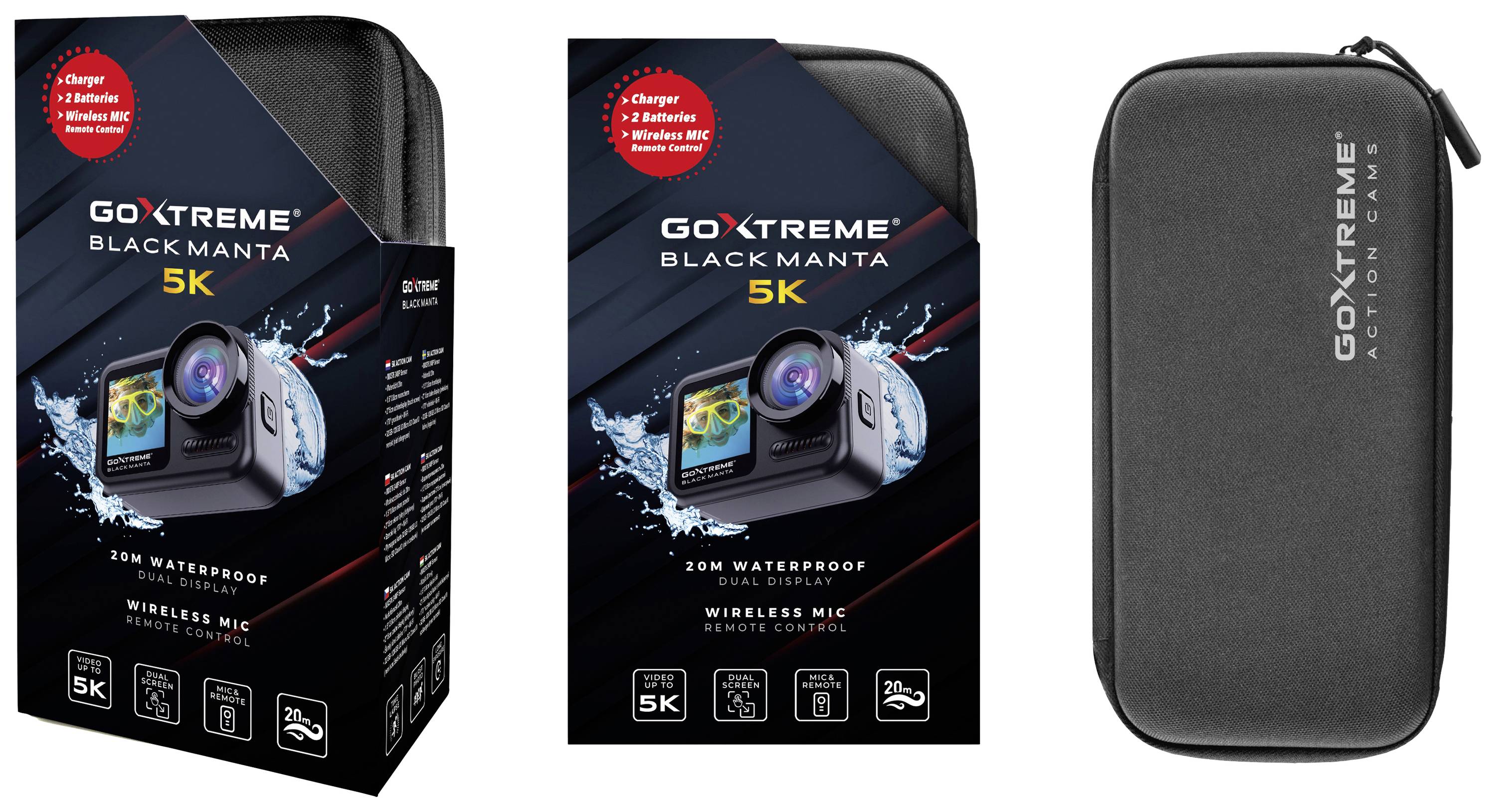 GoXtreme Black Manta 5K Action Cam Touch-Screen, WLAN, Zeitlupe/Zeitraffer, Dual-Display, Wasserfest, 5K, Bildstabilisierung