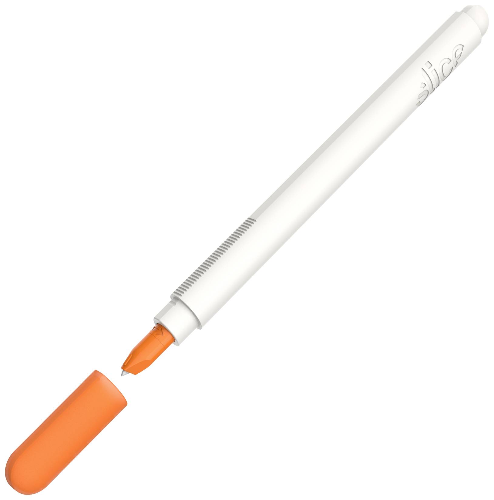 Ein weißer Stift mit abnehmbarer orangener Kappe, Spitze und Griff sichtbar.