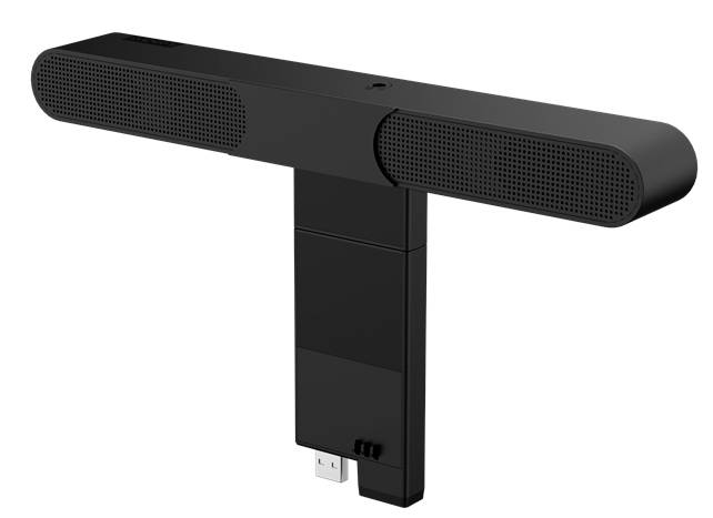 Schwarze Soundbar in T-Form, hauptsächlich mit Metallgitter, zur Befestigung an Geräten mit 30-poligem Anschluss unten.