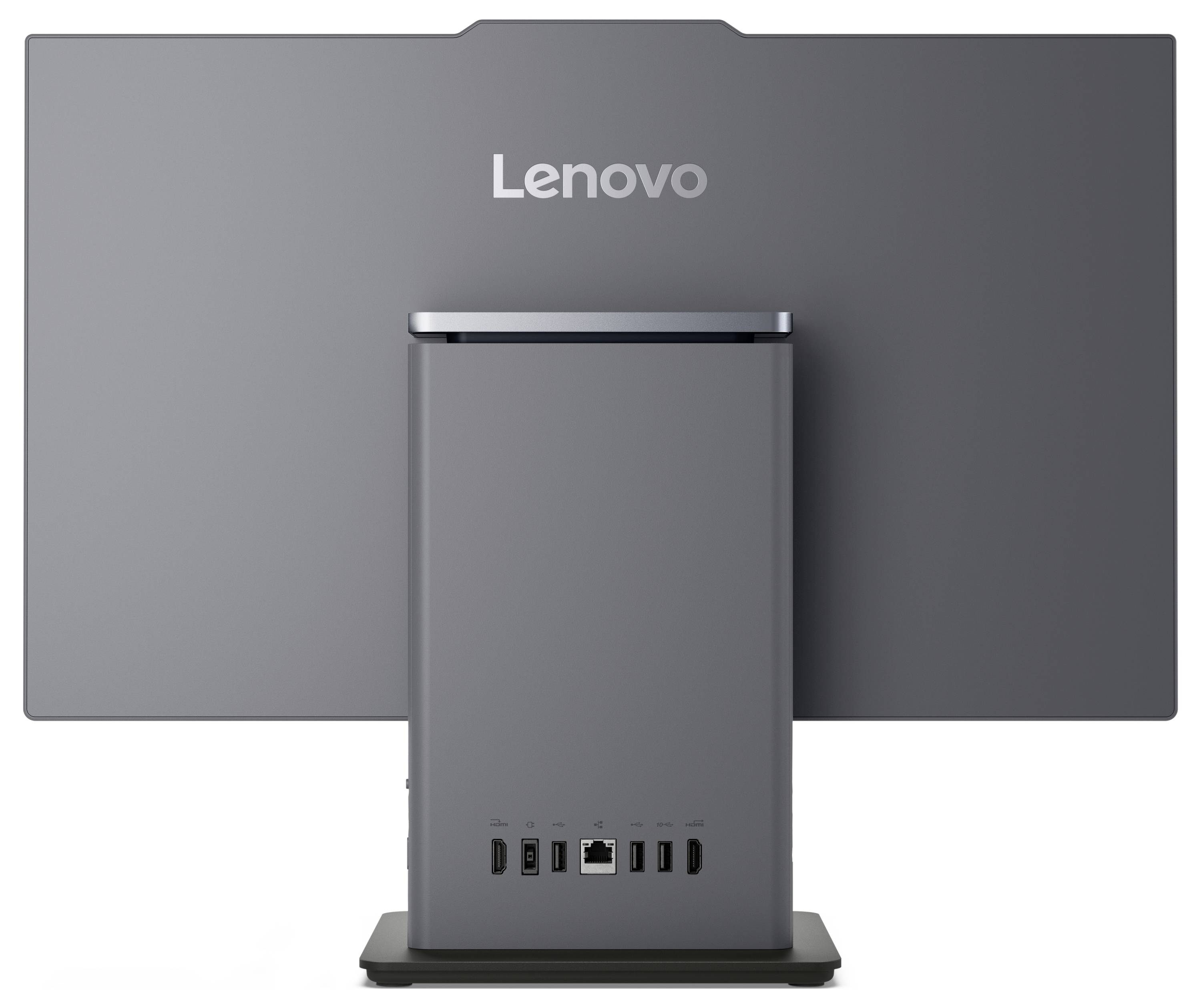 Hinterseite eines Lenovo-Monitors mit mehreren USB-Anschlüssen und einem schlanken Standfußdesign.