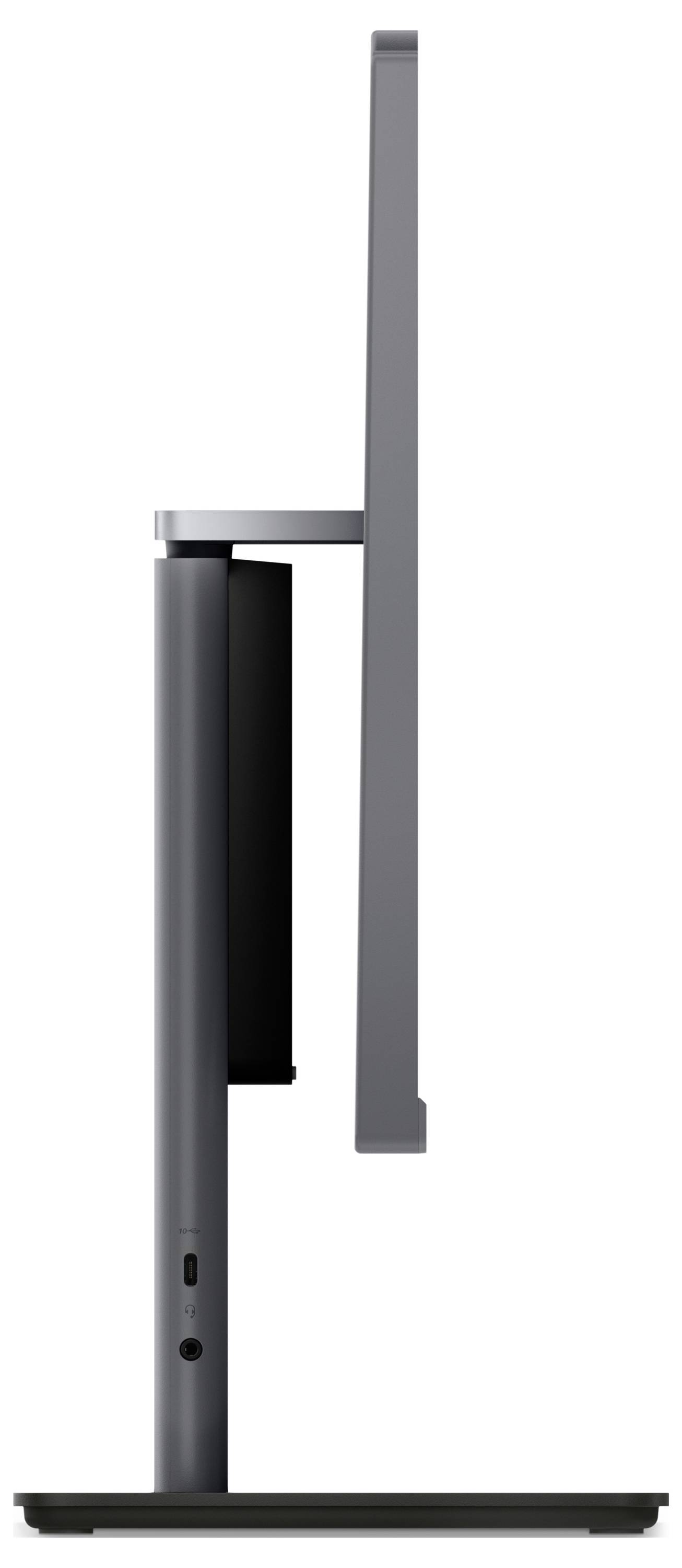 Seitenansicht eines Computermonitors mit schlankem Design. Der Bildschirm ist dünn und wird von einem schmalen, stabilen Standfuß gestützt.