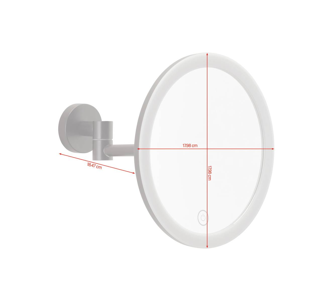 Runder Kosmetikspiegel mit Wandhalterung zeigt Maße: Spiegelradius 17,8 cm, Wandabstand 8,47 cm.