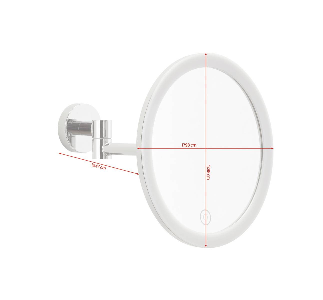 Runder Wandspiegel mit schwenkbarem Arm. Maße: 17,9 cm Durchmesser, 19,47 cm Länge. Chromfarbe, modernes Design.