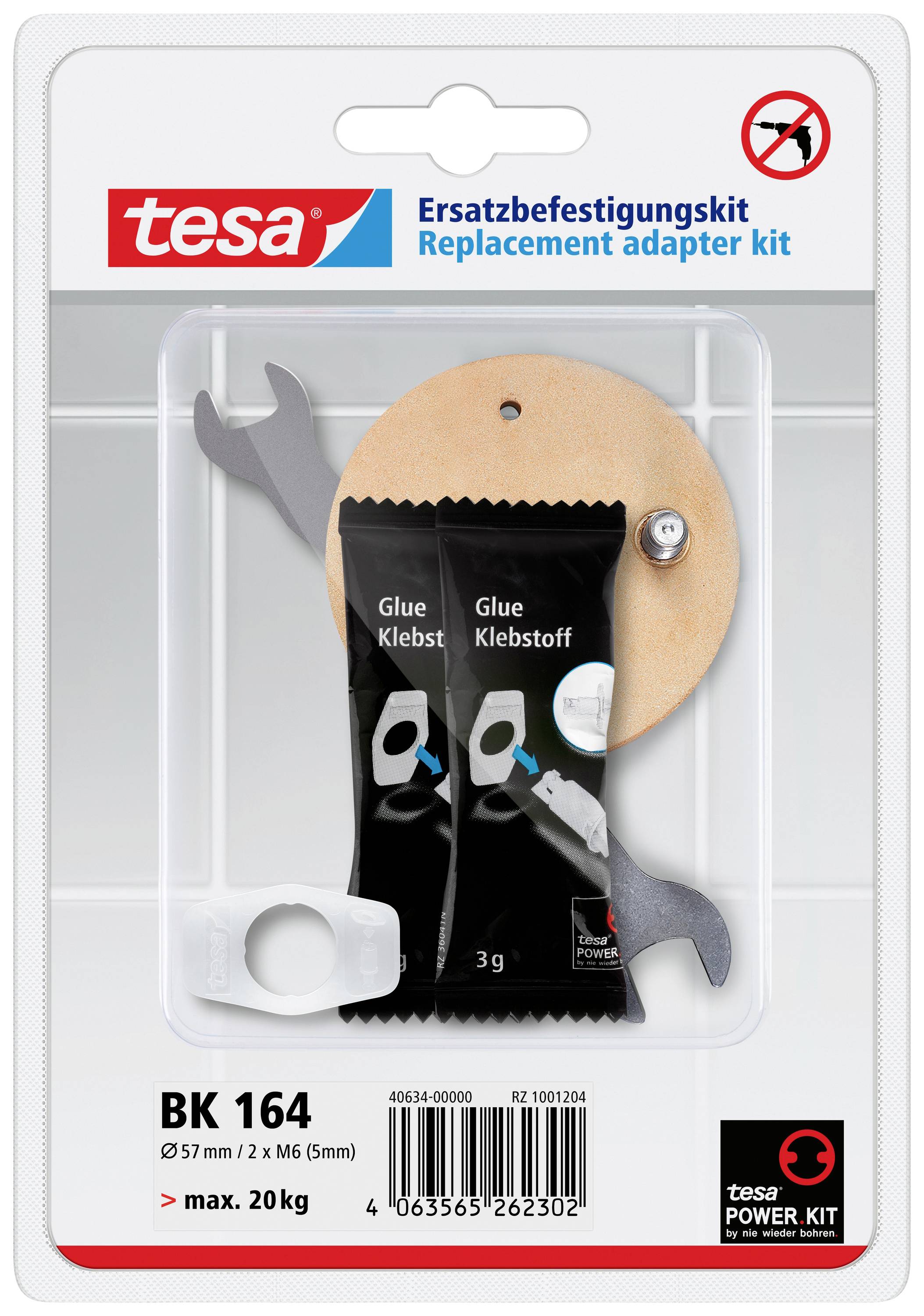 Ersatzbefestigungskit von tesa für adaptermontierte Anwendungen, geeignet bis 20 kg. Enthält Klebstoff, Adapter und Werkzeug.