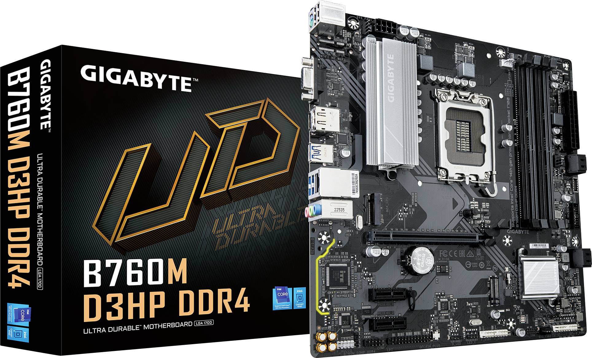 Gigabyte B760M D3HP DDR4 Motherboard neben Verpackung. Geeignet für leistungsstarke Computer, zeigt diverse Anschlüsse und Komponenten.