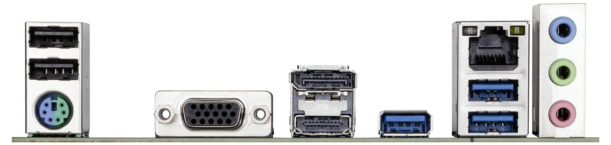 Mehrere Computernanschlüsse, darunter USB-Ports, VGA, Ethernet-Anschluss und Audioanschlüsse in verschiedenen Farben.