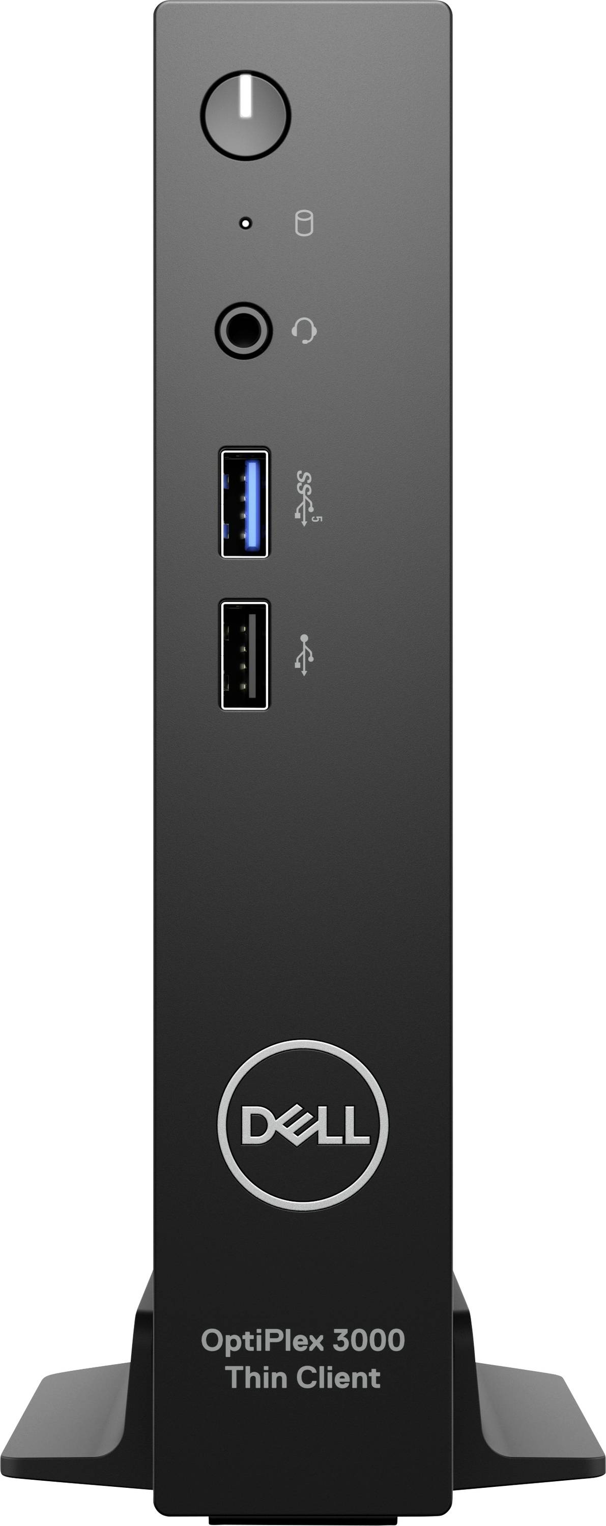 Ein Dell OptiPlex 3000 Thin Client steht aufrecht. Vorderseite zeigt zwei USB-Ports, eine Audio-Buchse und den Netzschalter.