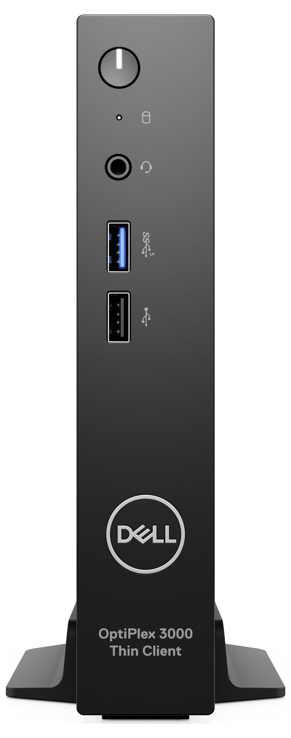 Schwarzer Dell OptiPlex 3000 Thin Client, Vorderansicht. Oben Power-Taste, USB-Ports darunter. Stehendes Design, Logo unten.