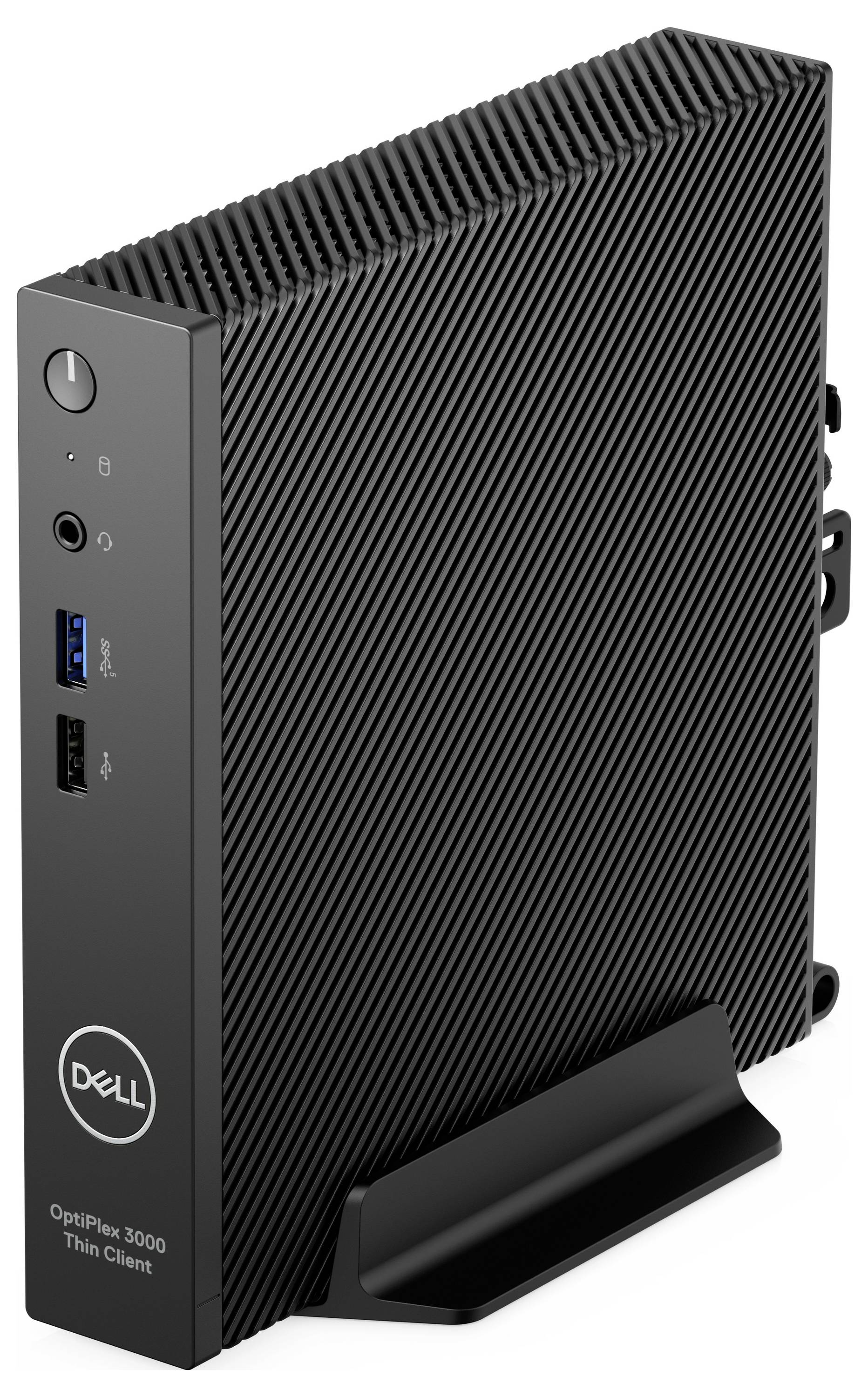 Ein Dell OptiPlex 3000 Thin Client in schmalem, schwarzem Design steht vertikal auf einem Ständer, mit USB-Anschlüssen an der Vorderseite.