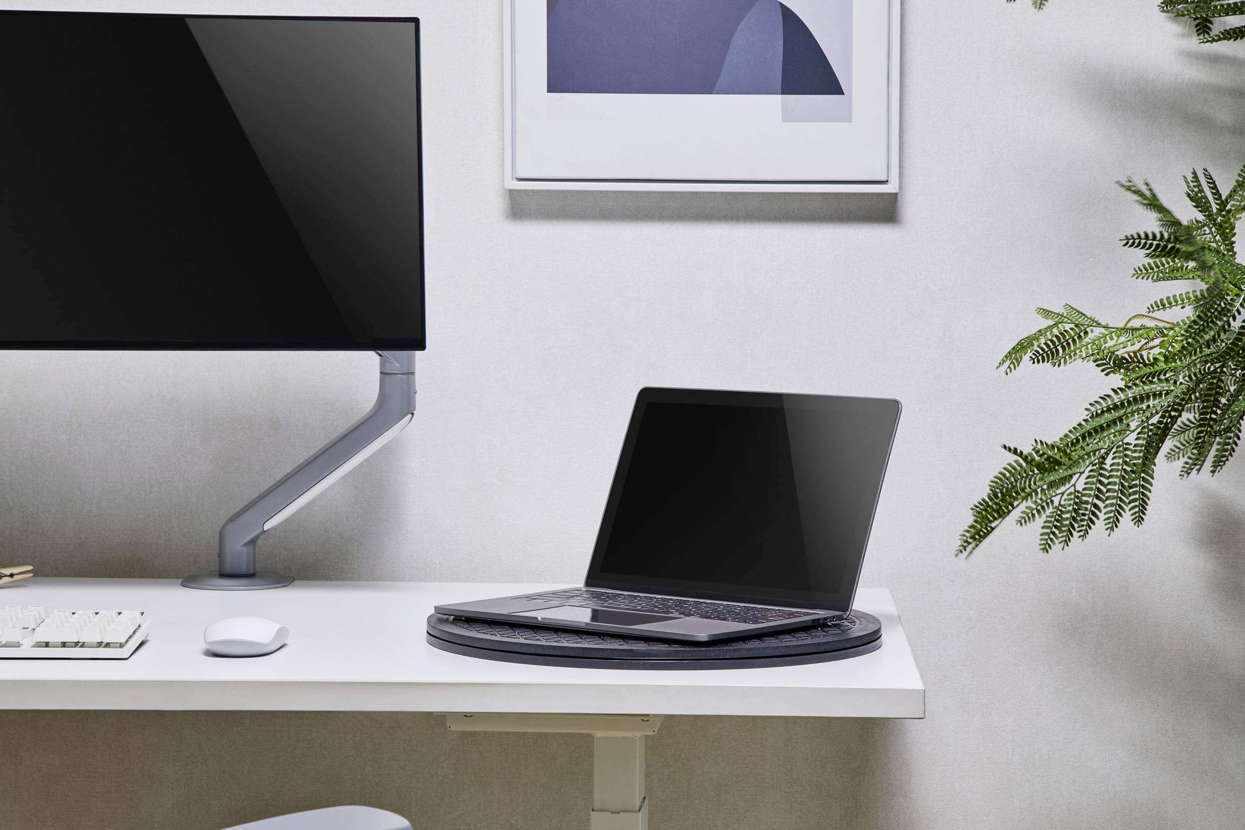 Ein aufgeräumter Schreibtisch mit geschlossenem Laptop, Monitor, Tastatur und Maus, daneben eine Pflanze. moderne und minimalistische Einrichtung.