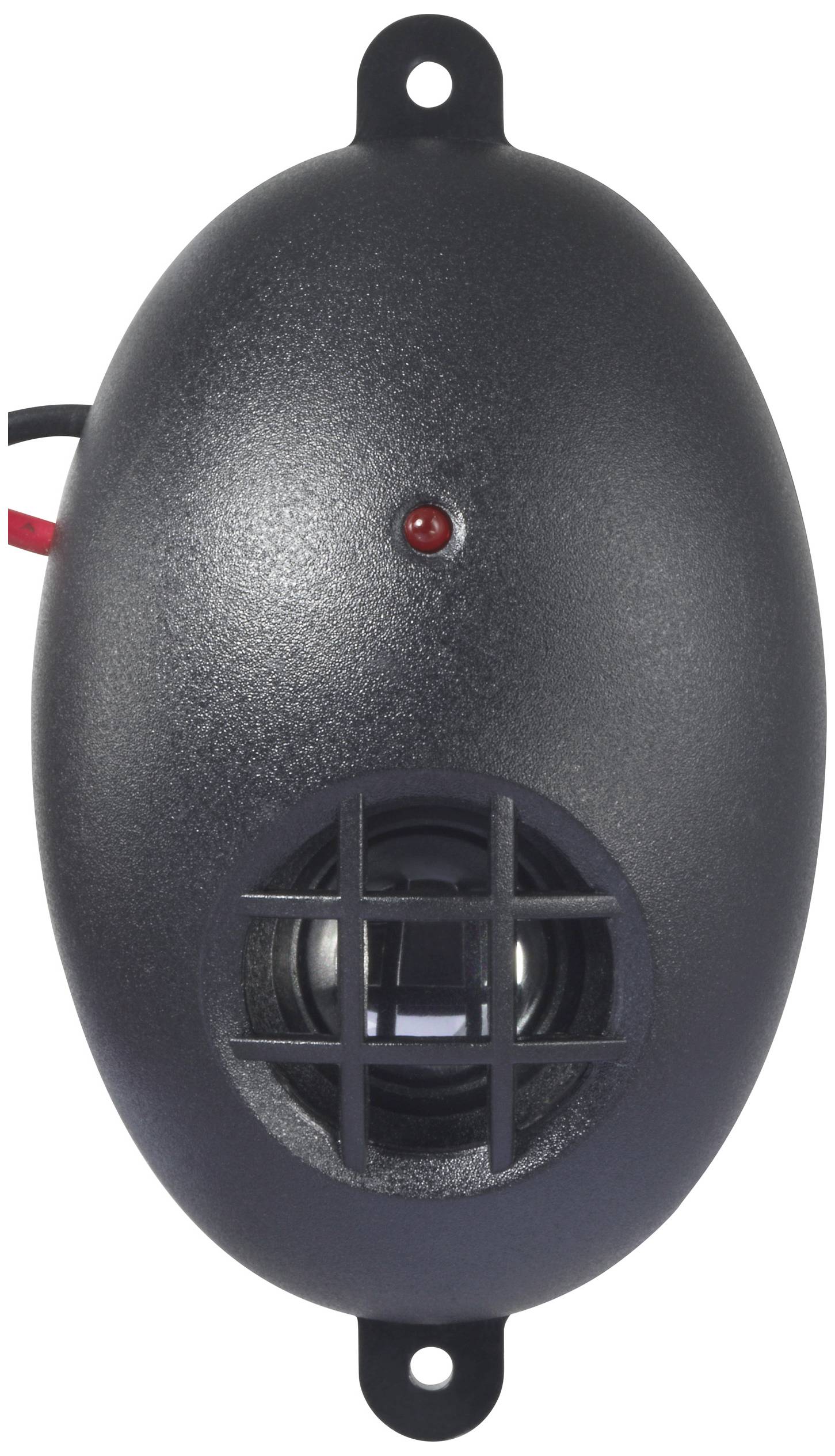 Ein ovaler, schwarzer Sensor mit einer roten LED-Anzeige oben. Darunter befindet sich ein kleines, gitterartiges Element.