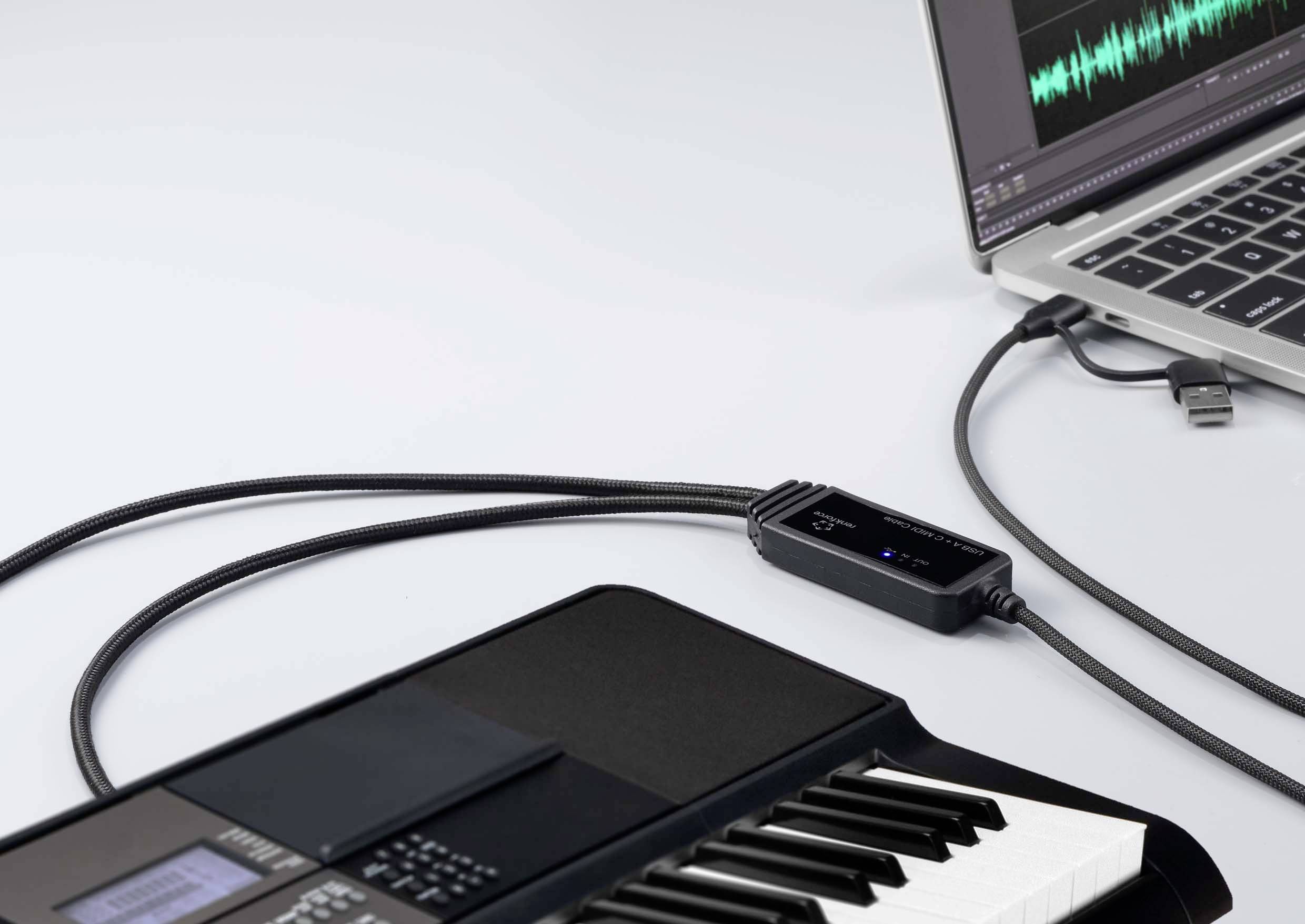 Renkforce RF-6439636 USB, MIDI Adapter [2x DIN-Stecker 5pol. - 1x USB-C®, USB-A] Schwarz 2m