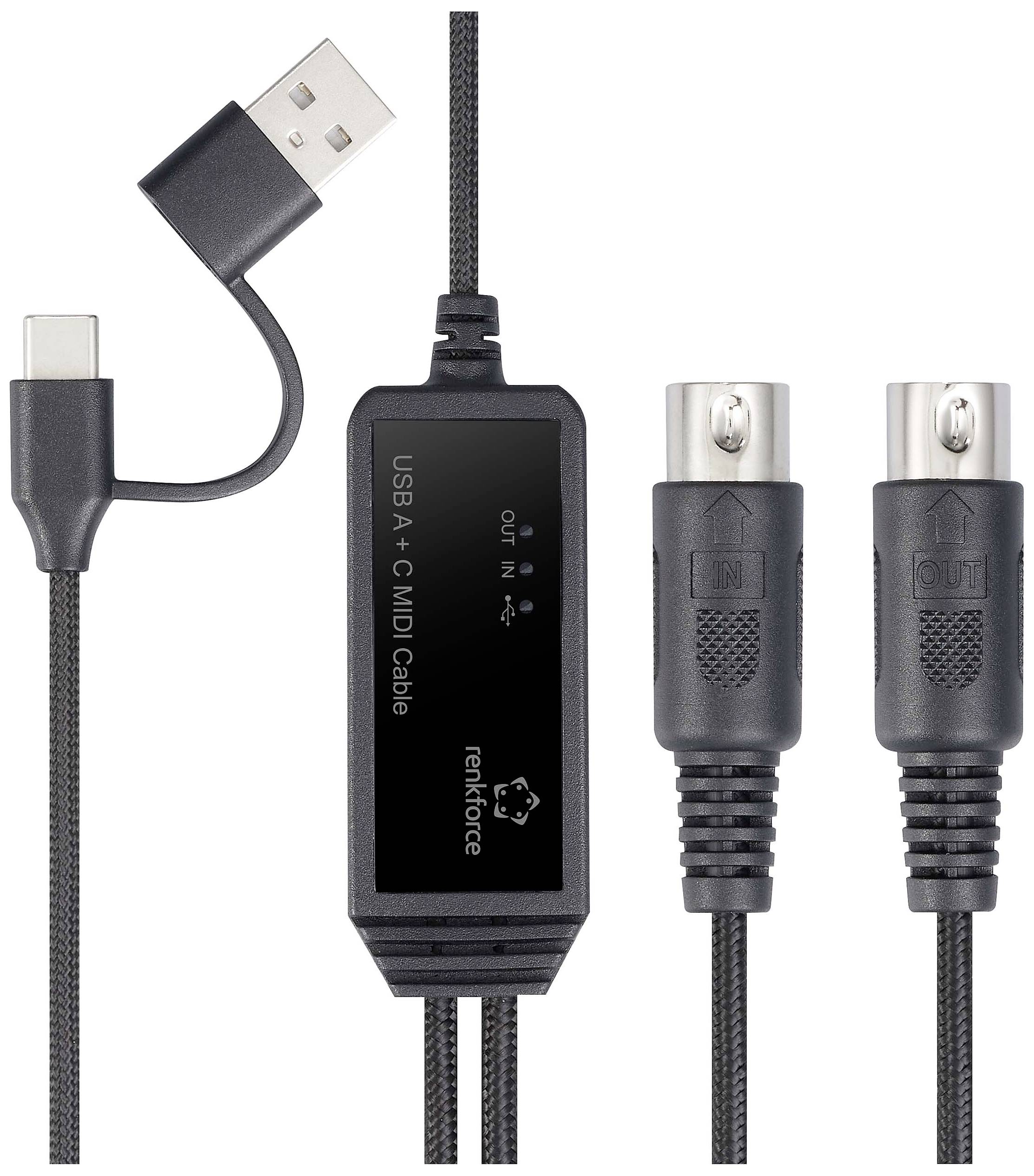 Renkforce RF-6439636 USB, MIDI Adapter [2x DIN-Stecker 5pol. - 1x USB-C®, USB-A] Schwarz 2m