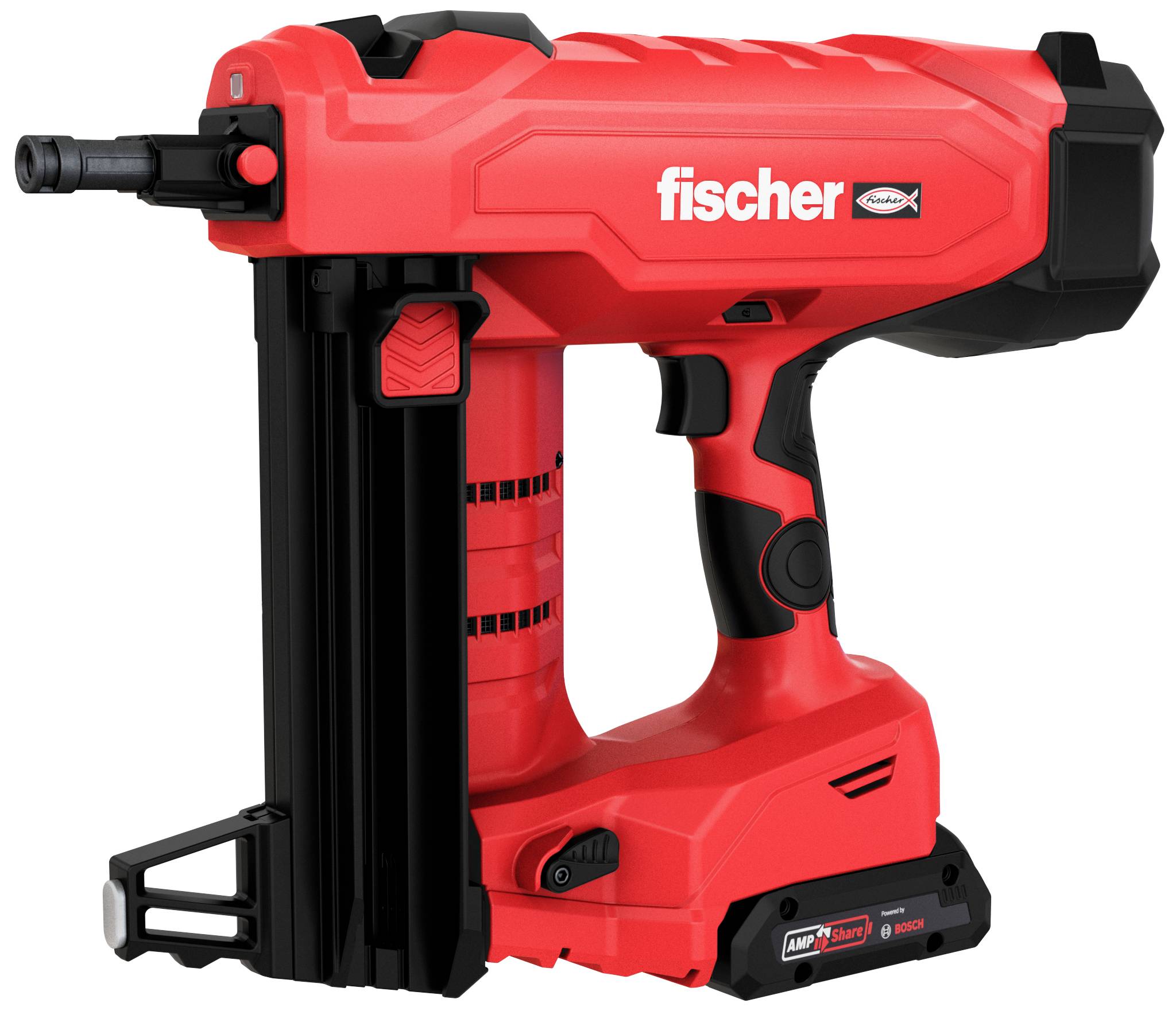 Roter, elektrischer Nageler mit schwarzem Griff, Marke 'fischer'.
