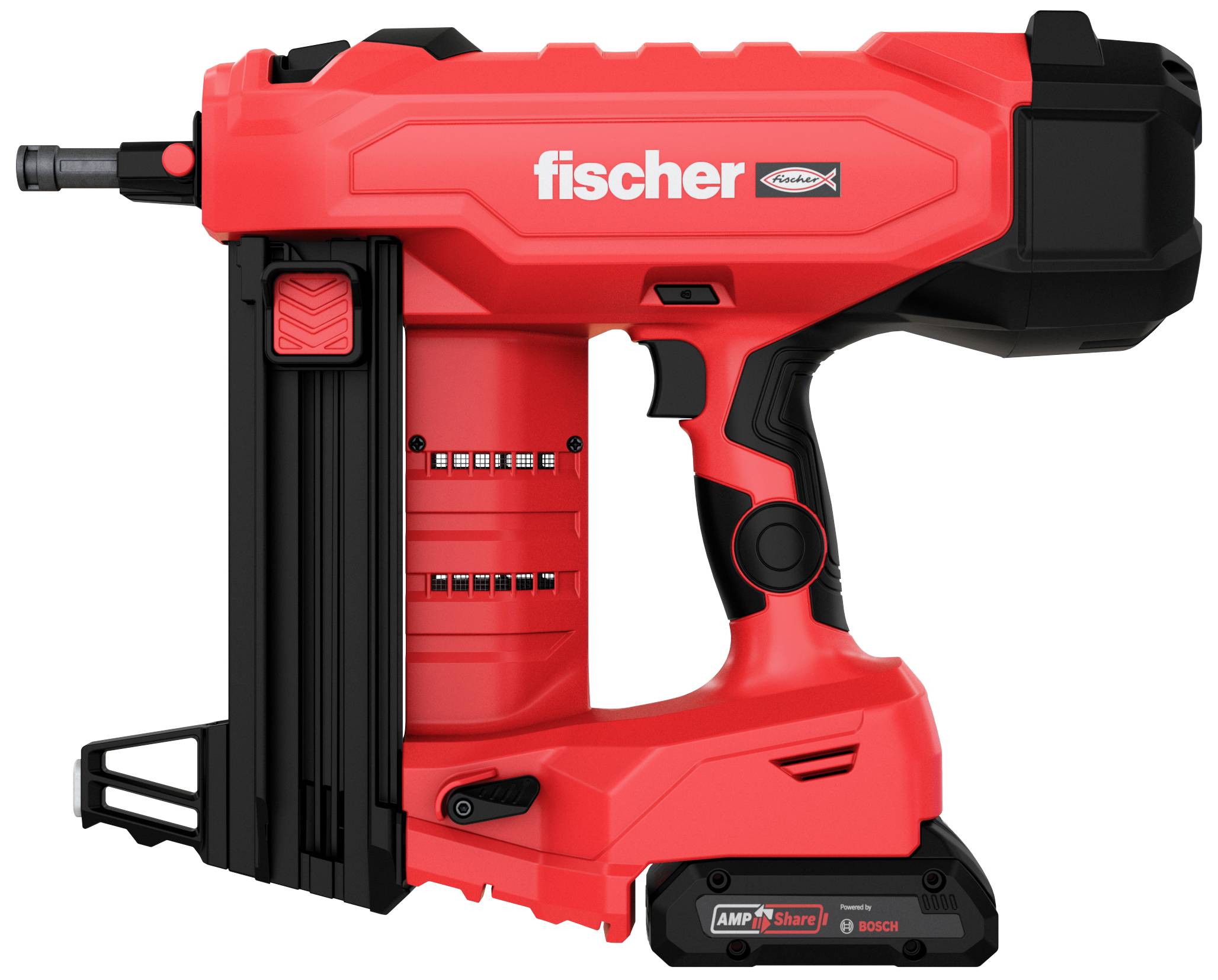 Roter kabelloser Nagler mit schwarzem Griff und Markenlogo auf der Seite, geeignet für schnelle und präzise Holzverbindungen.