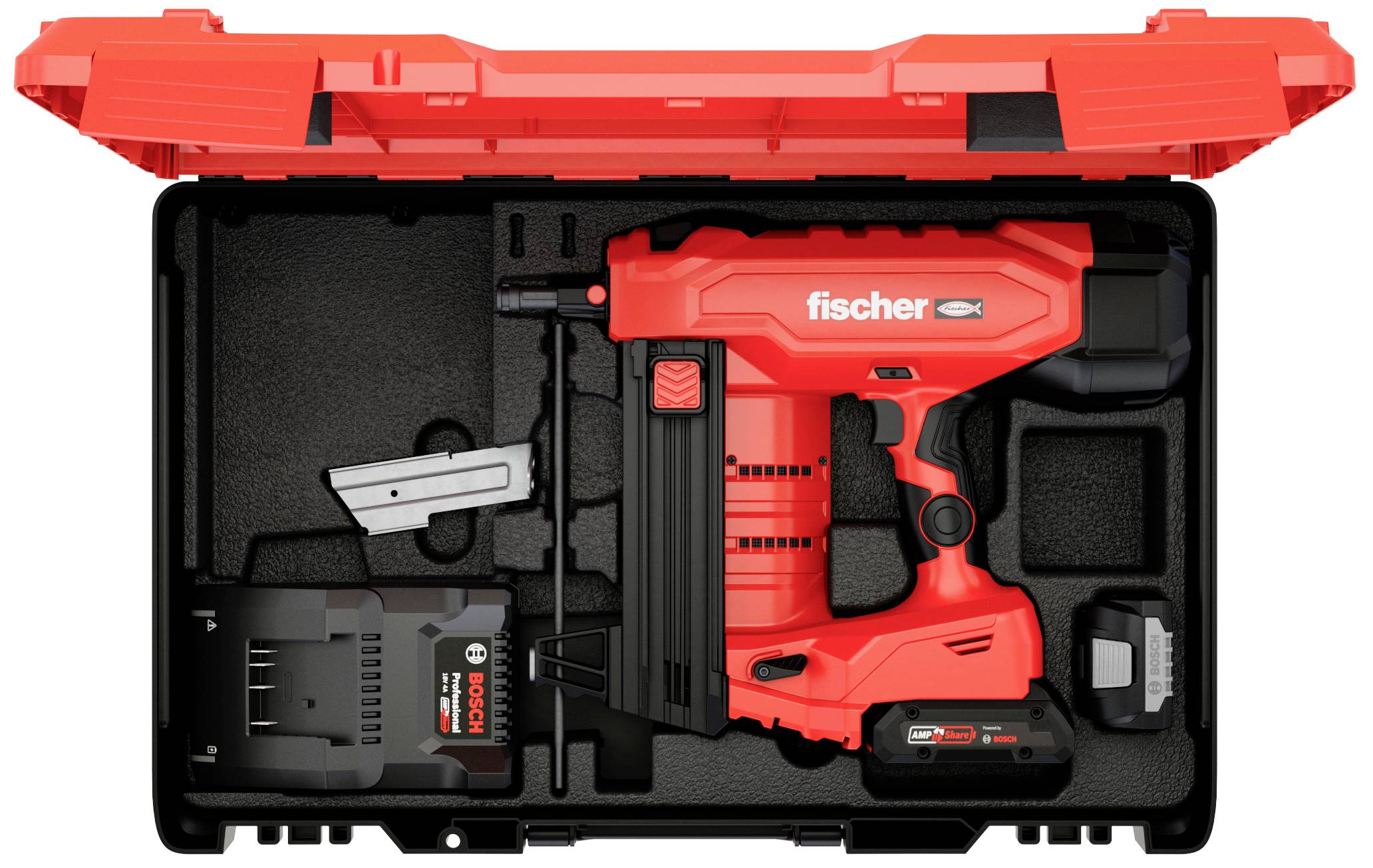 Roter Werkzeugkoffer mit einer Akku-Nagelpistole, Ladegerät, Akku und Magazinaufsatz. Markierung 'fischer' auf dem Gerät.