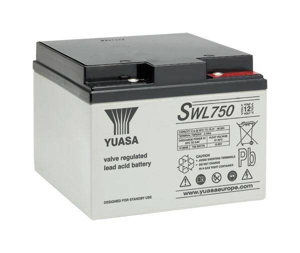 Ventilgesteuerte Blei-Säure-Batterie von Yuasa, Modell SWL750; eignet sich für Standby-Nutzung. Informationen über Spannung und Kapazität sind aufgedruckt.