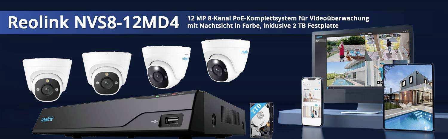 Reolink NVS8-12MD4 LAN IP-Überwachungskamera-Set 8-Kanal mit 4 Kameras 4512 x 2512 Pixel