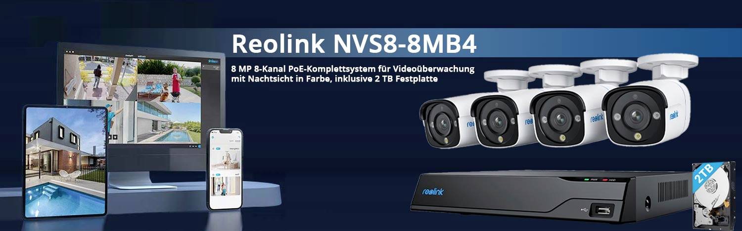 Reolink NVS8-8MB4 LAN IP-Überwachungskamera-Set 8-Kanal mit 4 Kameras 3840 x 2160 Pixel