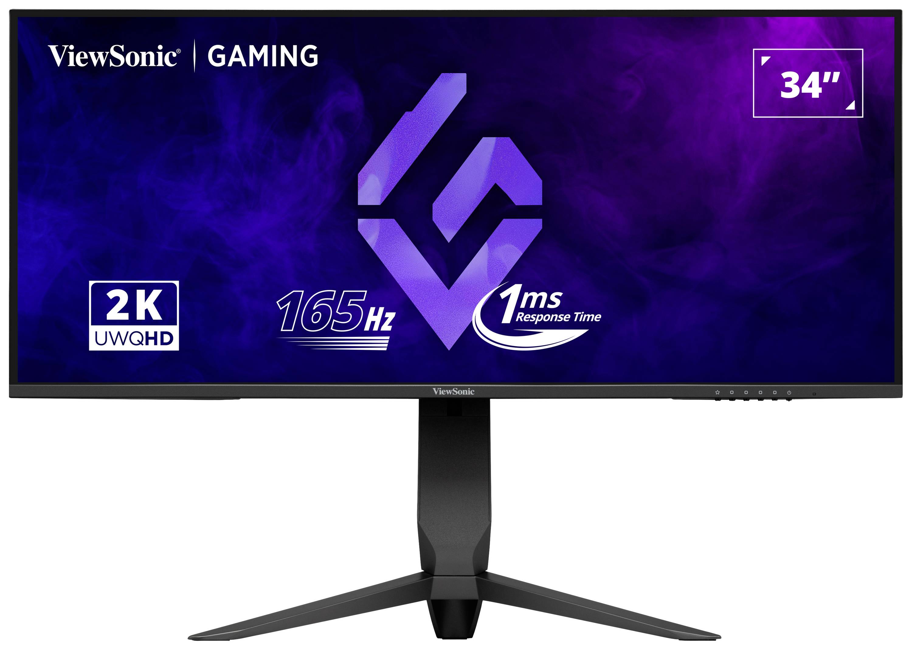 Breiter Gaming-Monitor von ViewSonic, 34 Zoll, 2K-Auflösung, 165 Hz Bildwiederholrate, 1 ms Reaktionszeit, in Schwarz.
