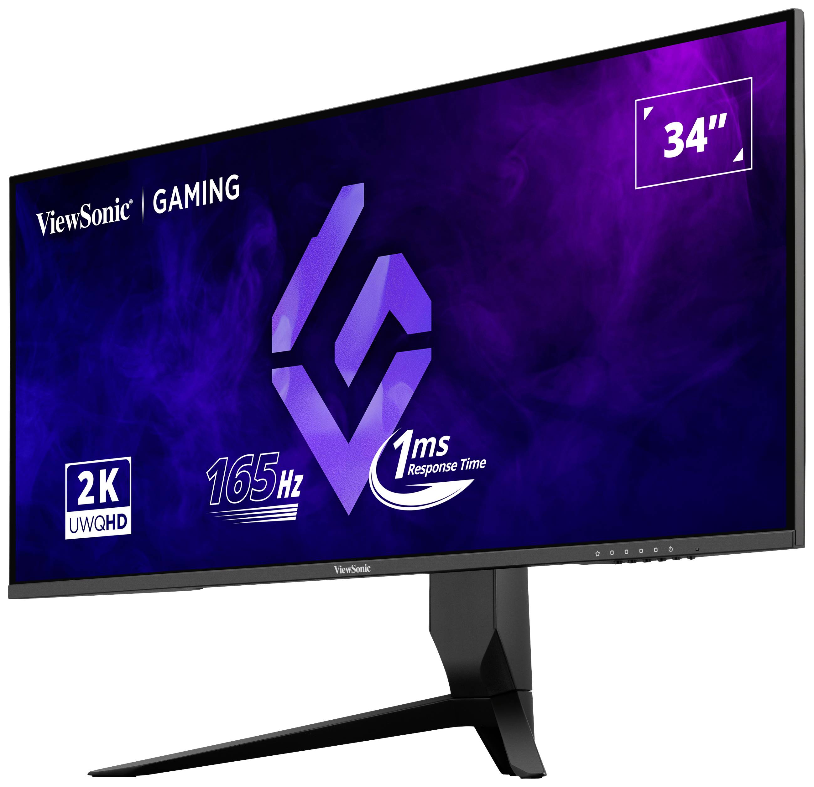 Ein 34-Zoll-Gaming-Monitor von ViewSonic mit 2K-Auflösung, 165 Hz Bildwiederholrate und 1-ms-Reaktionszeit.