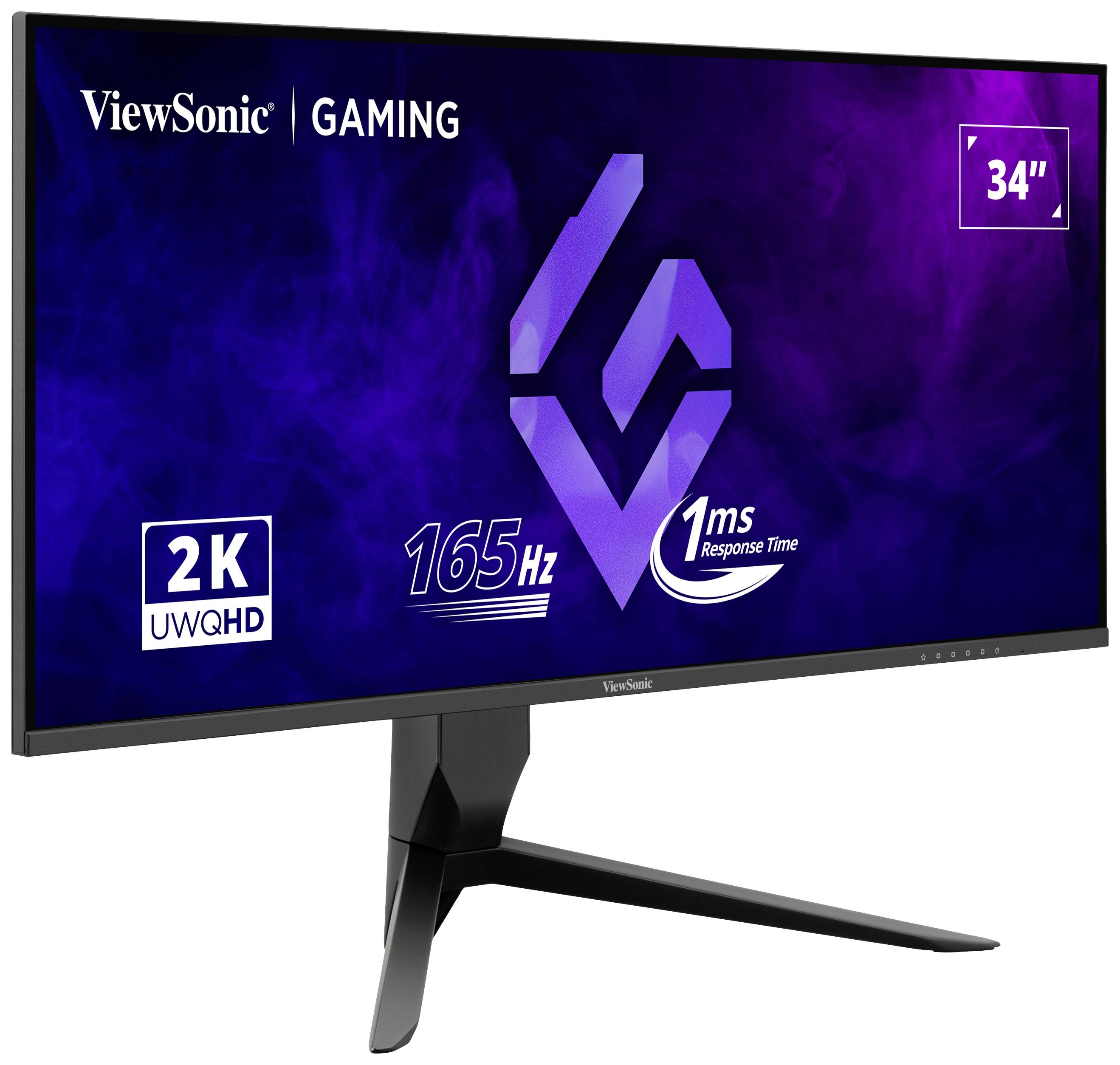 Ein Gaming-Monitor von ViewSonic mit 34 Zoll Display, 2K UWQHD-Auflösung, 165 Hz Bildwiederholrate und 1 ms Reaktionszeit.