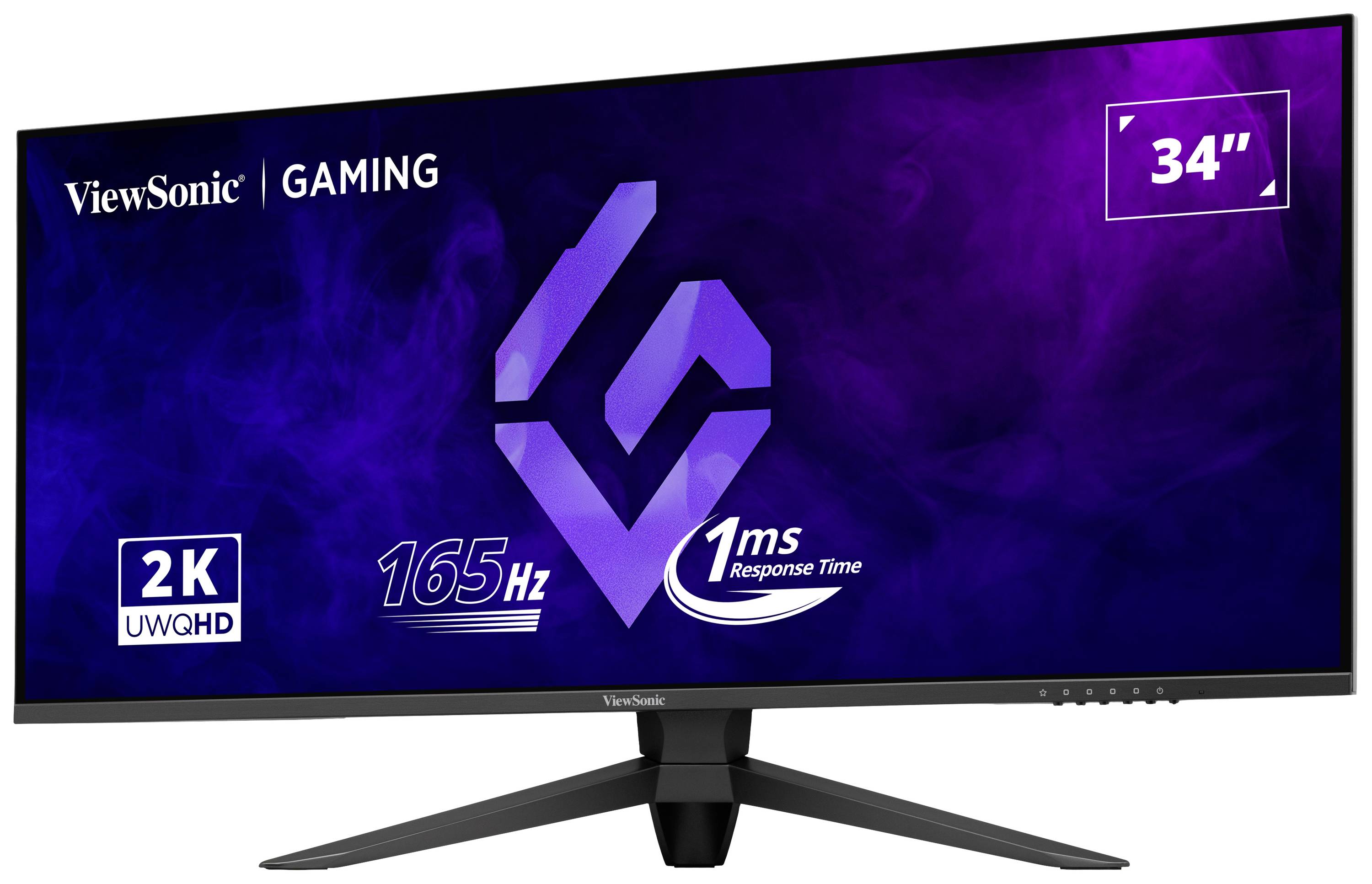 Breiter Gaming-Monitor von ViewSonic mit 34 Zoll, zeigt 2K-Auflösung, 165 Hz Bildwiederholrate und 1ms Reaktionszeit, ideal für flüssiges Gameplay.