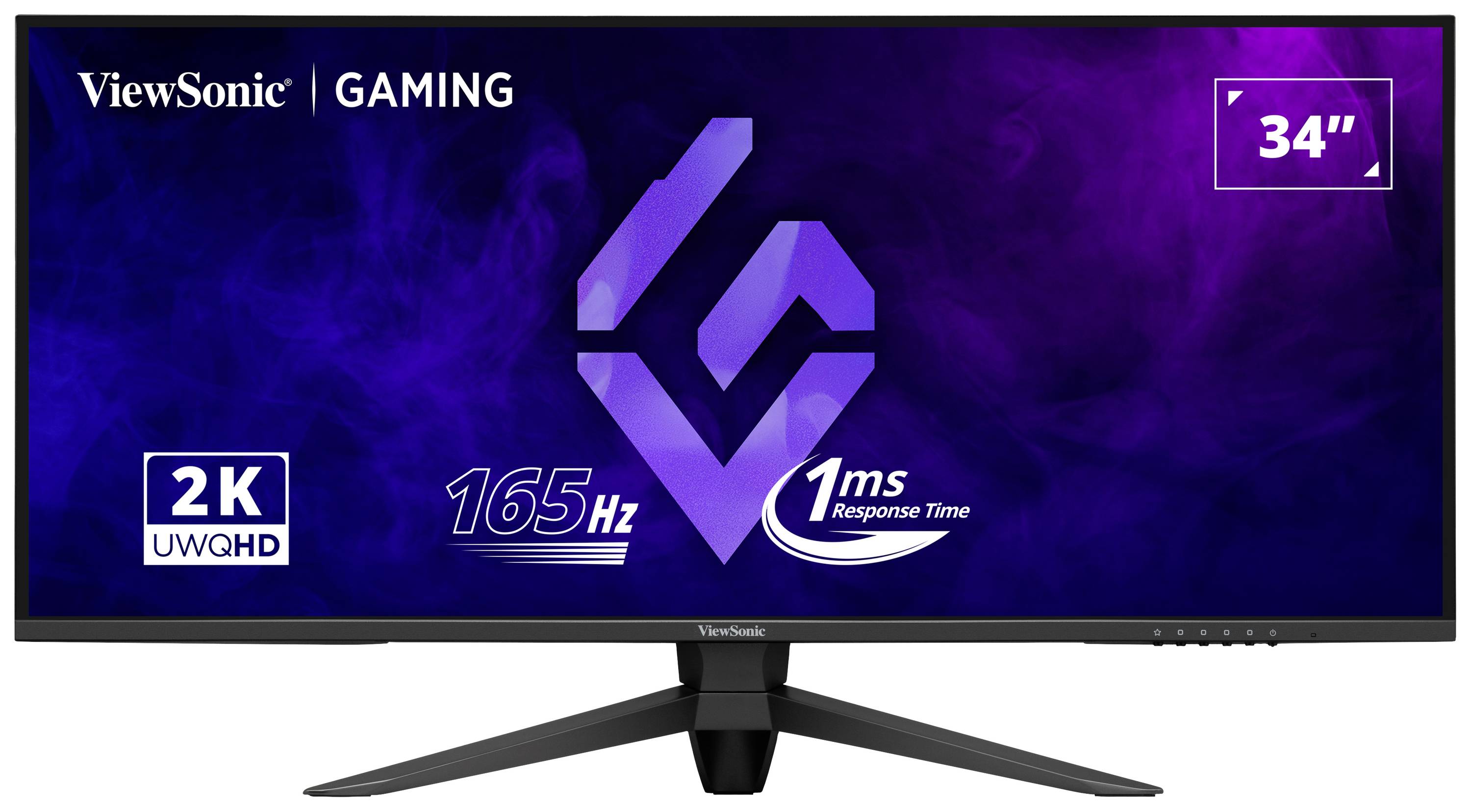 Breiter Gaming-Monitor von ViewSonic mit 34 Zoll Bildschirmdiagonale, 2K UWQHD-Auflösung, 165 Hz Bildwiederholrate, 1 ms Reaktionszeit.