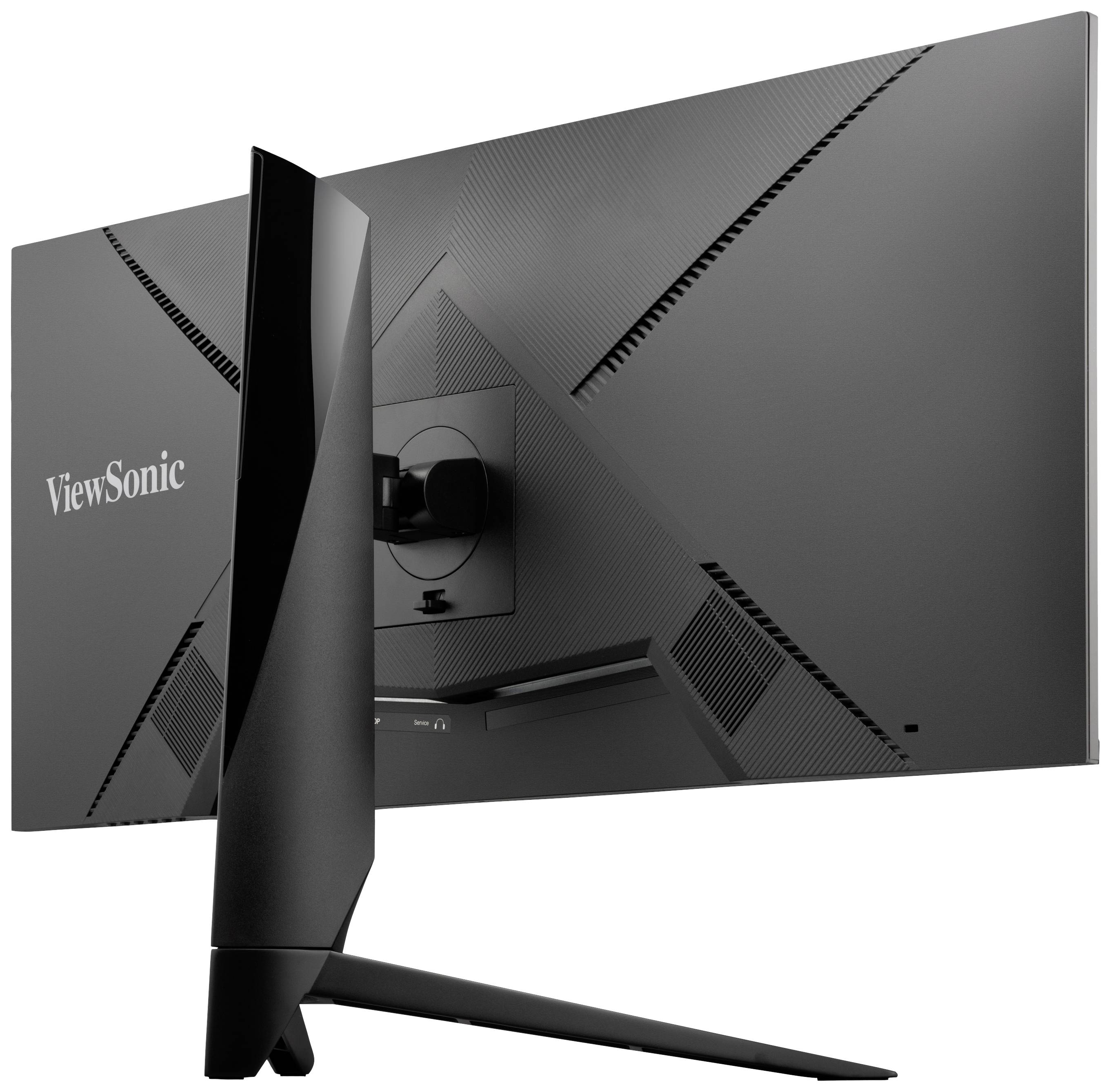 Rückansicht eines ViewSonic-Computermonitors mit schlankem Design und schwarzer Farbe; steht auf einem schmalen, geneigten Standfuß.