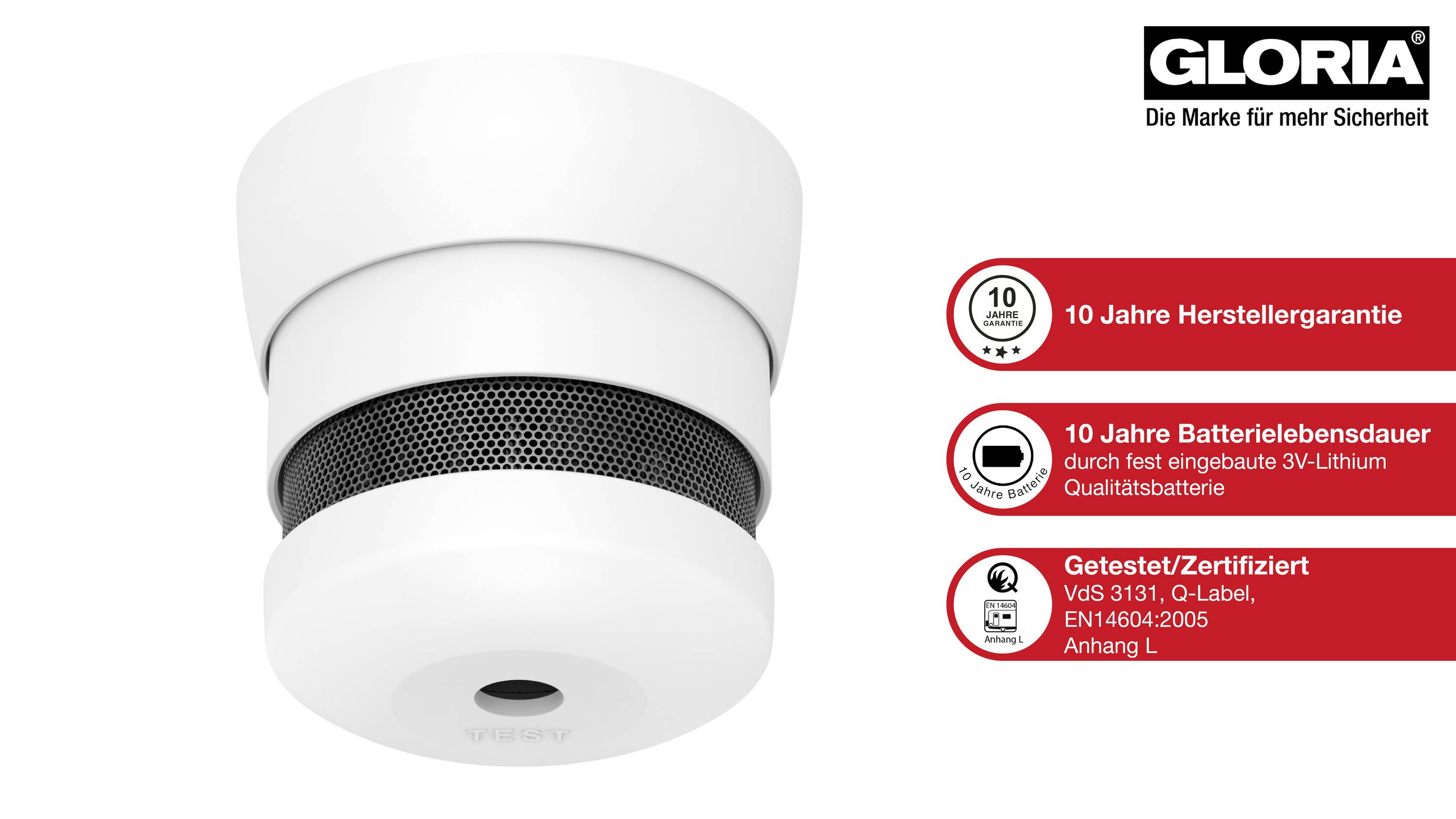 Rauchmelder mit 10 Jahren Garantie, fest eingebauter 3V-Lithium-Batterie, zertifiziert nach VdS 3131, Q-Label, EN 14604:2005, Anhang L.