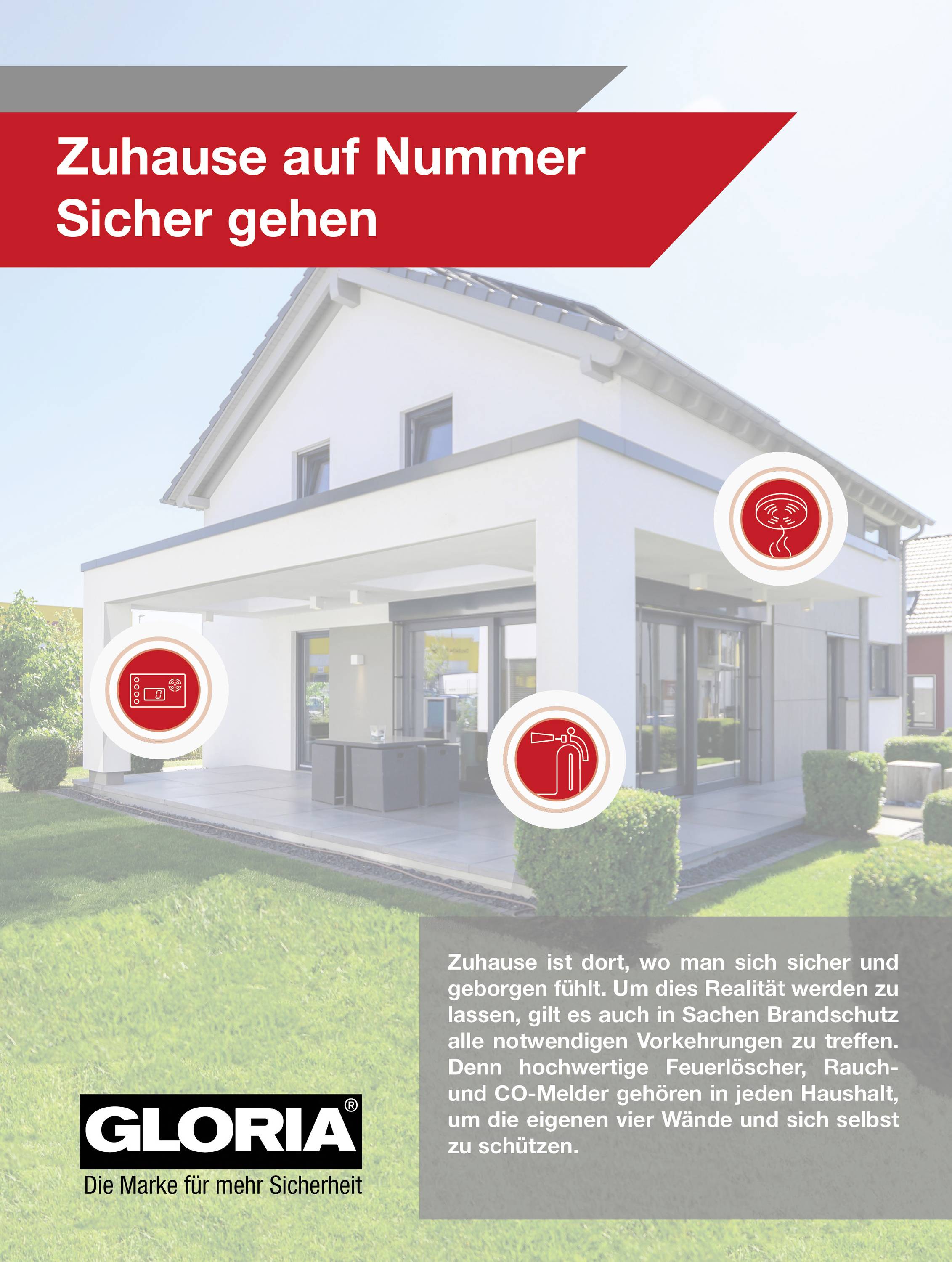 Das Bild zeigt ein modernes Einfamilienhaus. Links sind Symbole für Feuerlöscher, Rauchmelder und Kohlenmonoxid-Melder abgebildet.