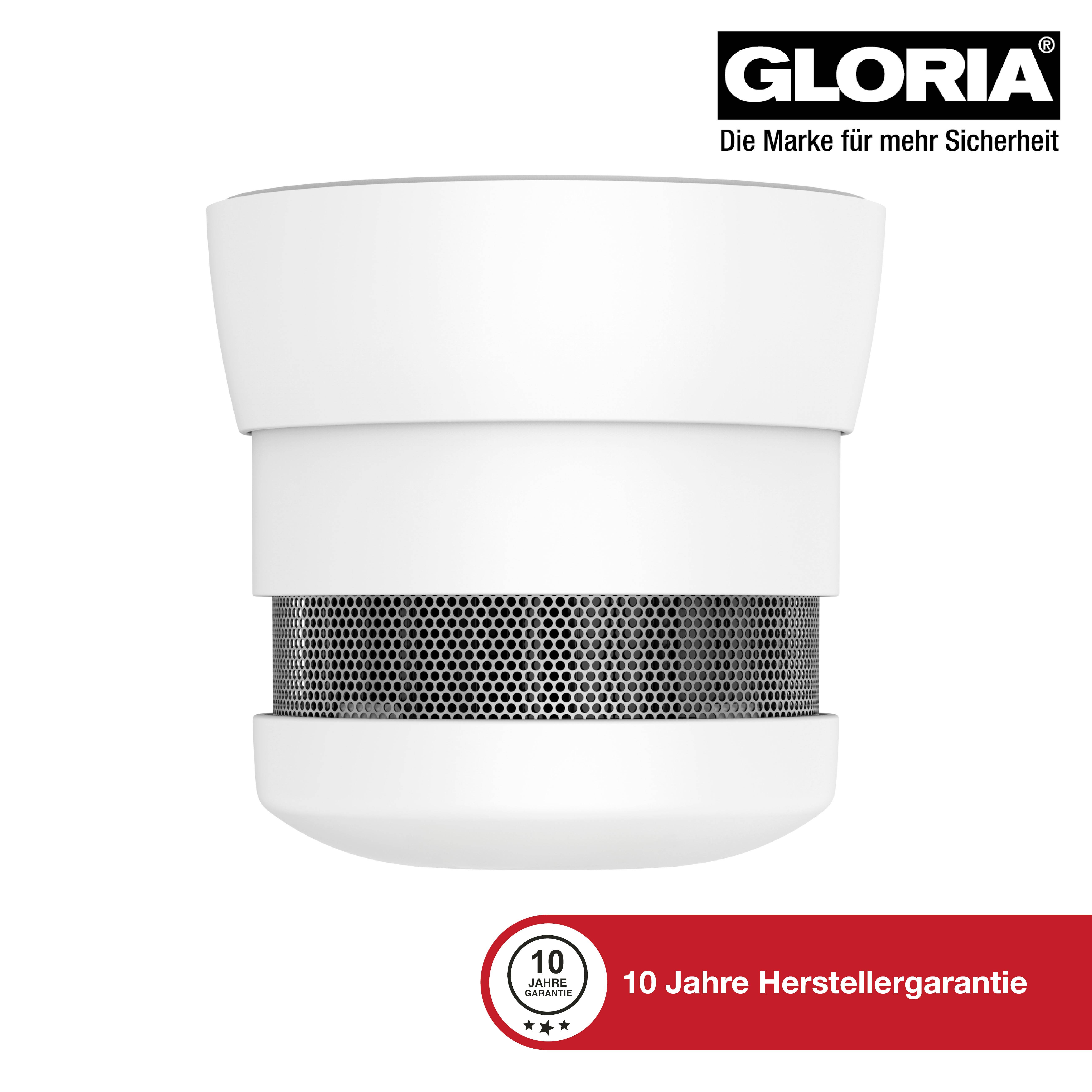 Ein weißer Rauchmelder der Marke Gloria. Unten steht '10 Jahre Herstellergarantie'.