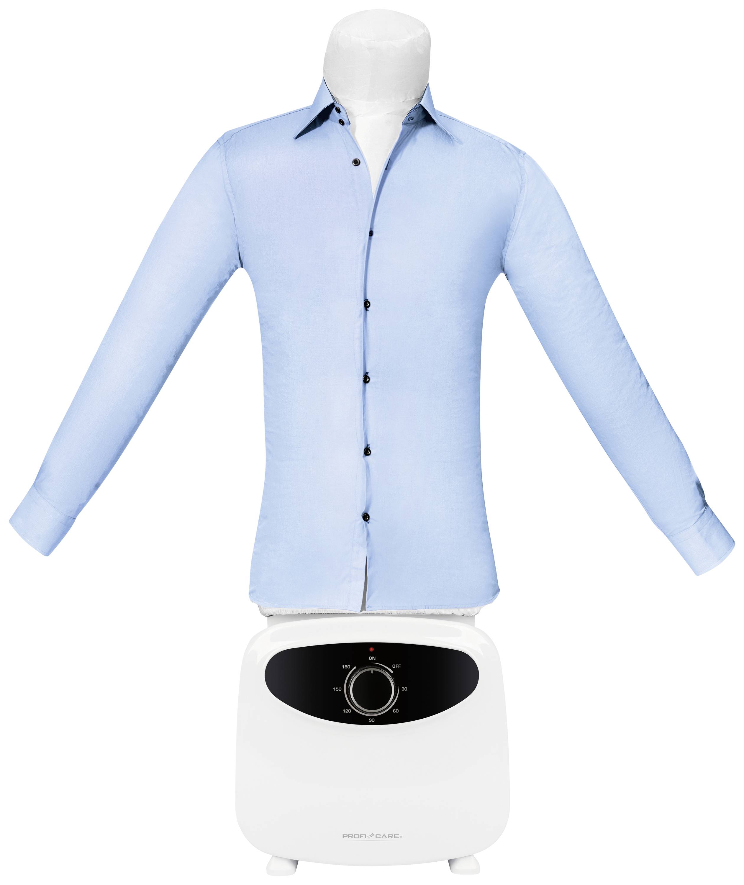 Ein hellblaues Hemd ist auf einem automatischen Hemdenbügler gespannt. Der Bügler hat ein Bedienfeld mit mehreren Einstellungen.