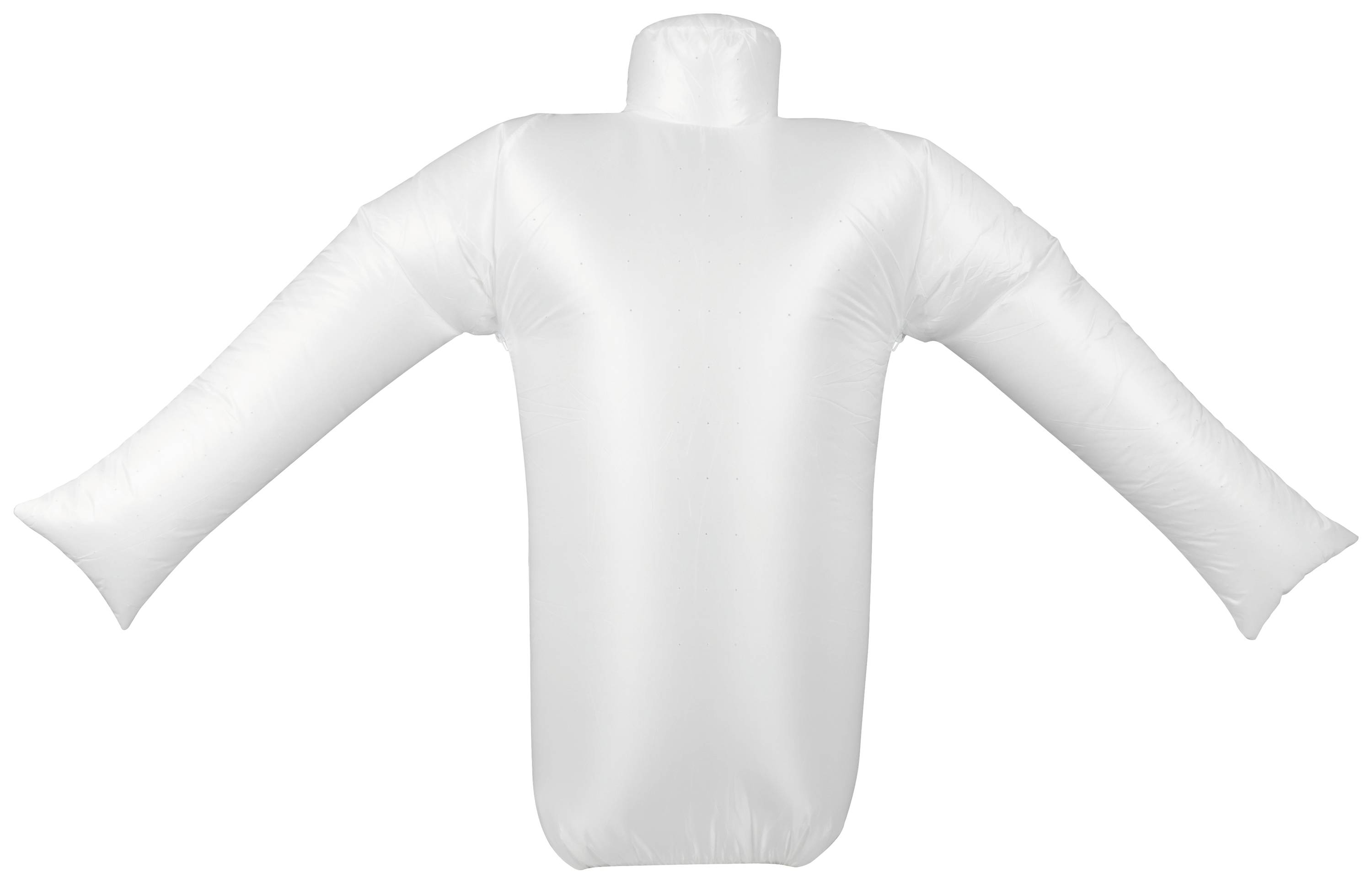Aufgeblasene weiße Kunststoffform in Körperform mit erhobenen Armen, ähnlich einer Schaufensterpuppe oder einem Kleiderbügel.